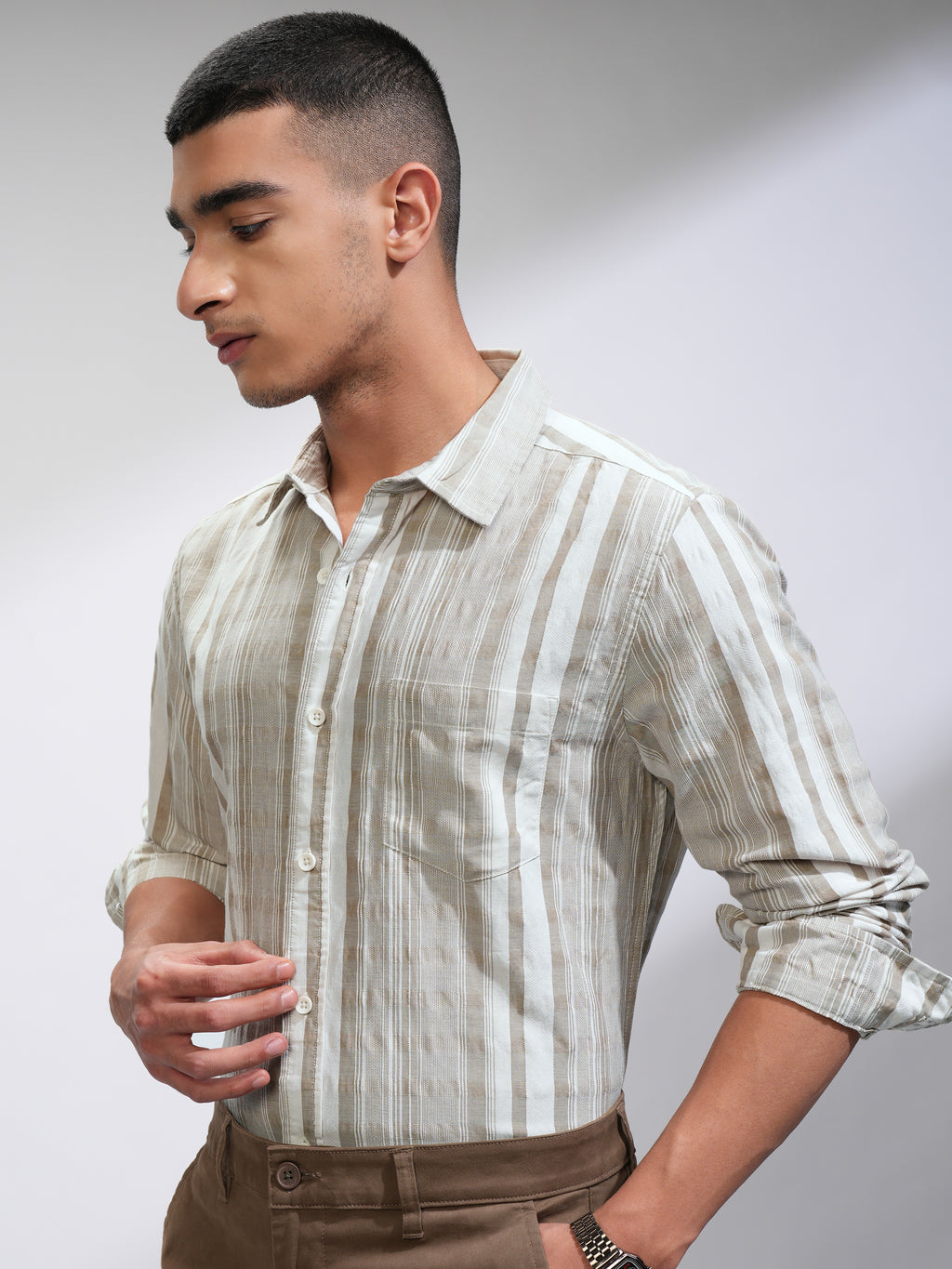 Highlander Men White Striped Slim Fit Casual Shirt - White - Image 4