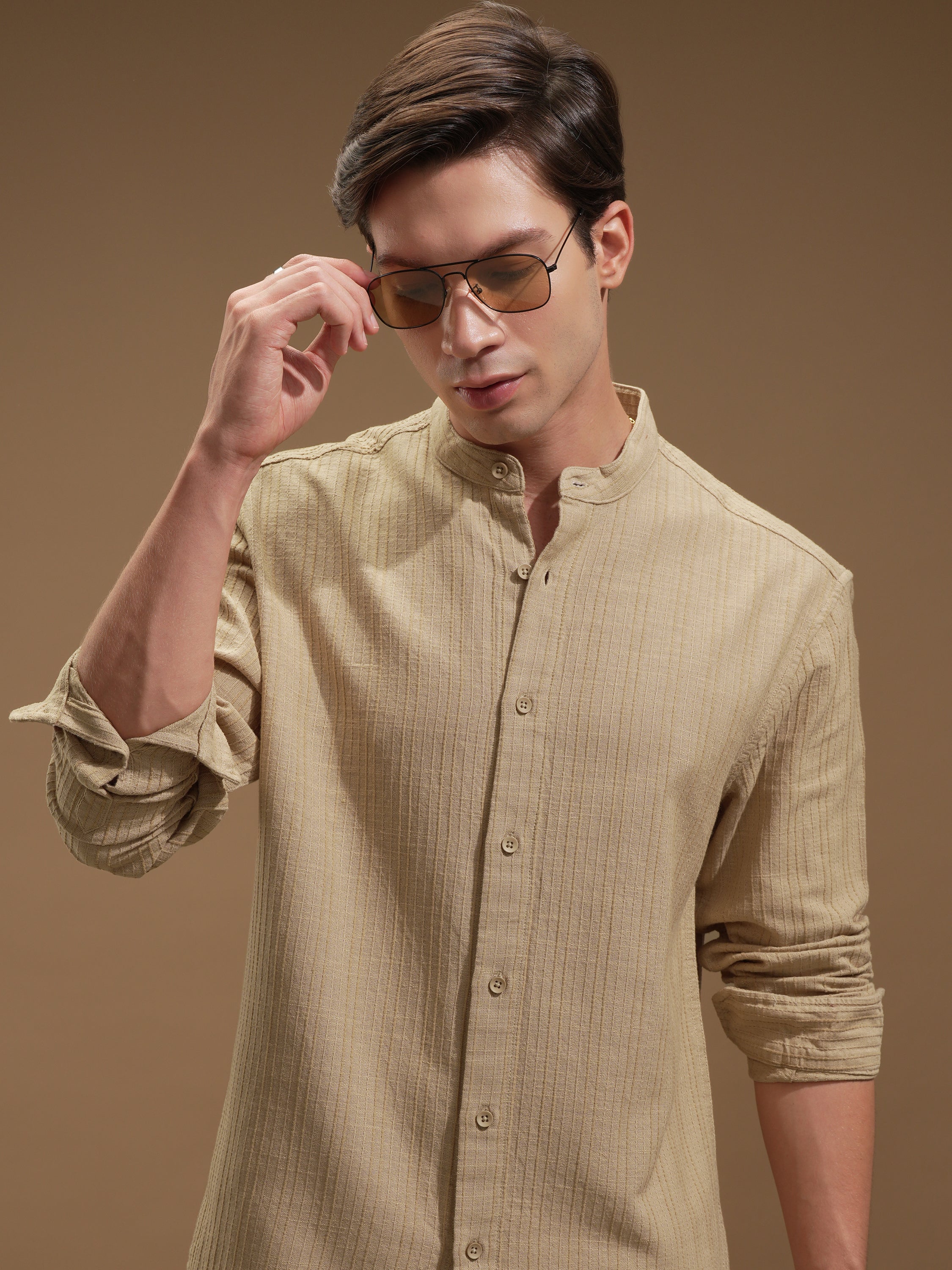 Highlander Men Beige Striped Relaxed Fit Casual Shirt - Beige - Image 1