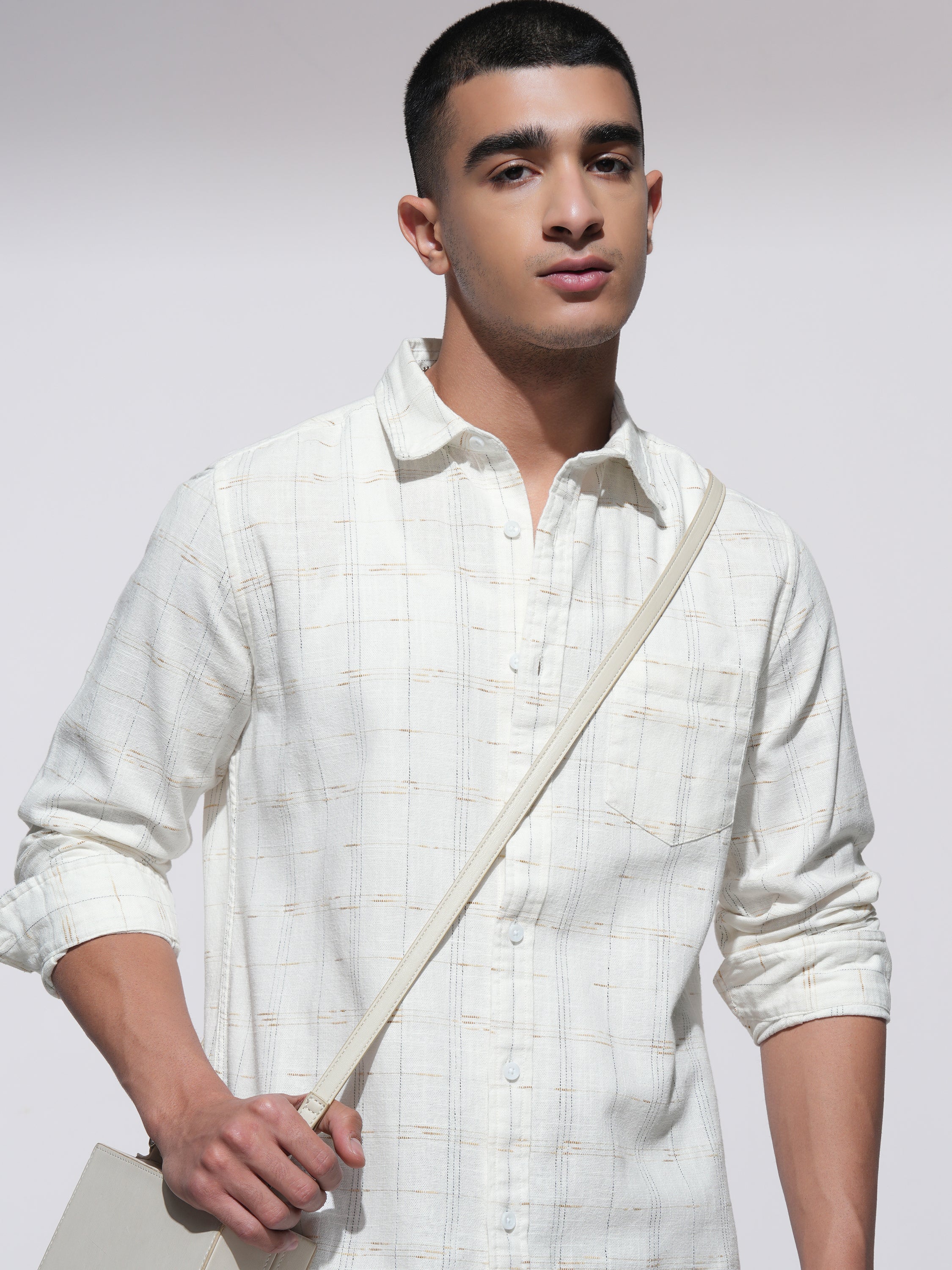 Highlander Men White Checked Slim Fit Casual Shirt - White - Image 1