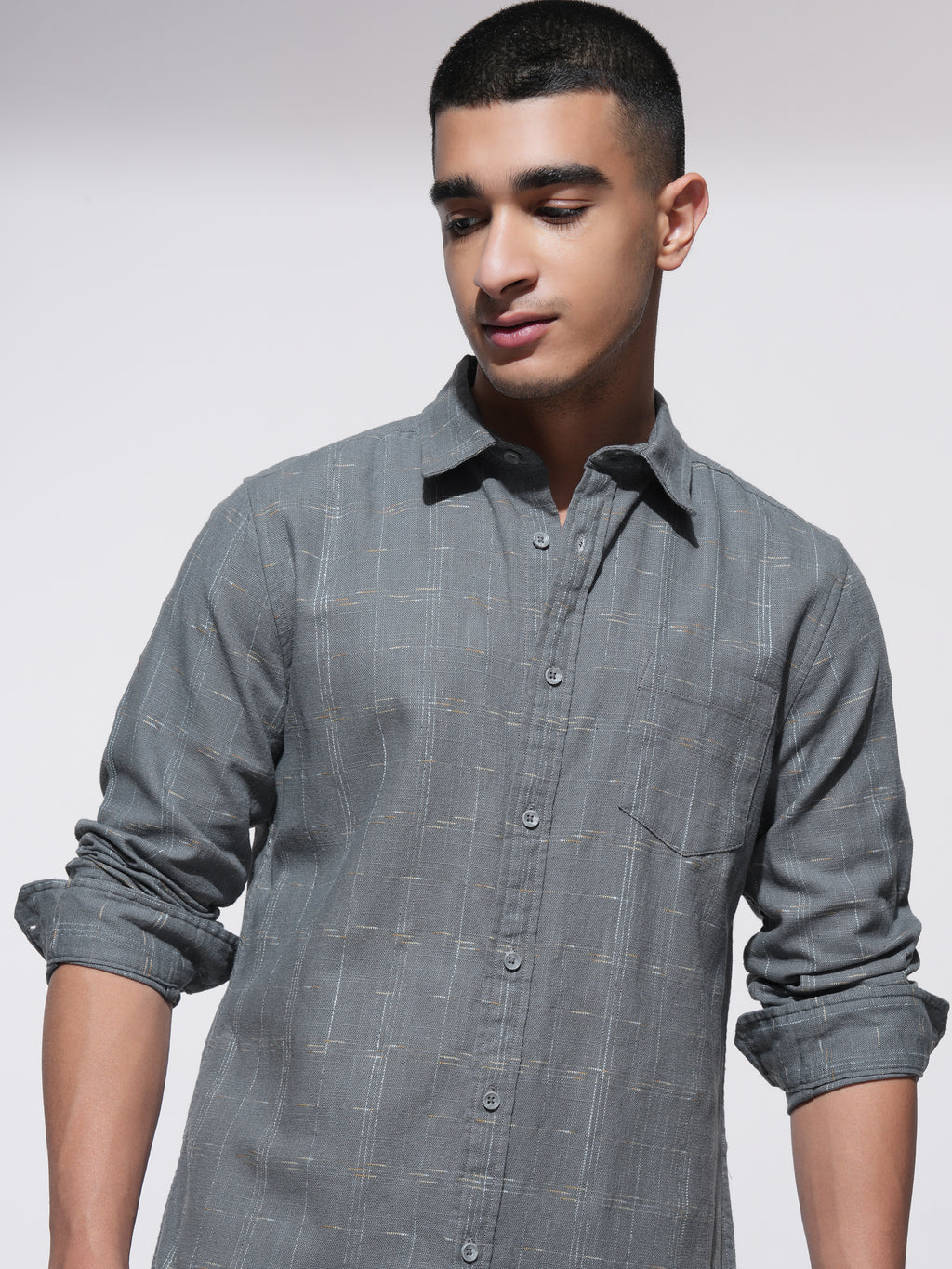 Highlander Men Grey Checked Slim Fit Casual Shirt - Grey - Image 1