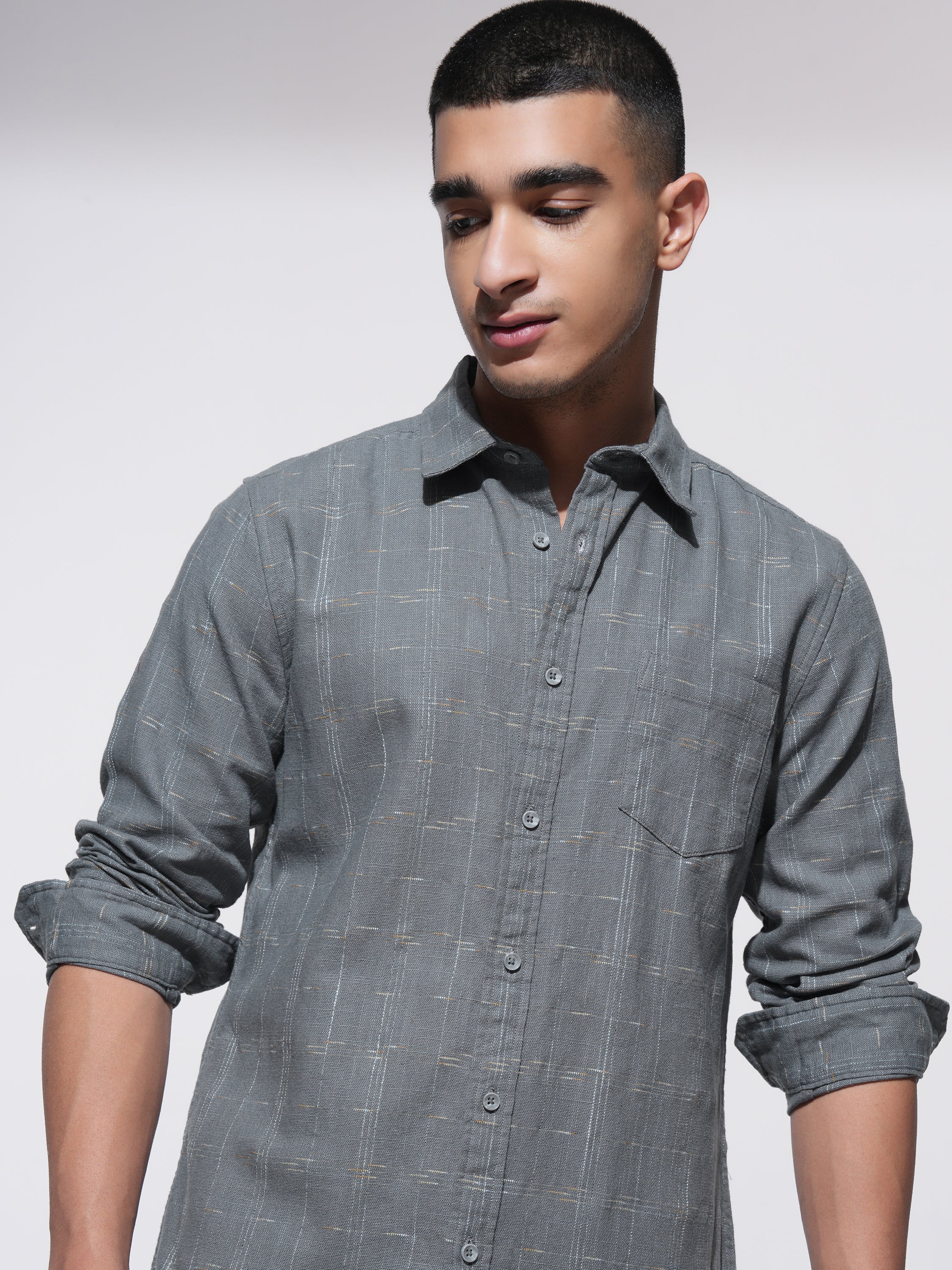 Highlander Men Grey Checked Slim Fit Casual Shirt - Grey - Image 1