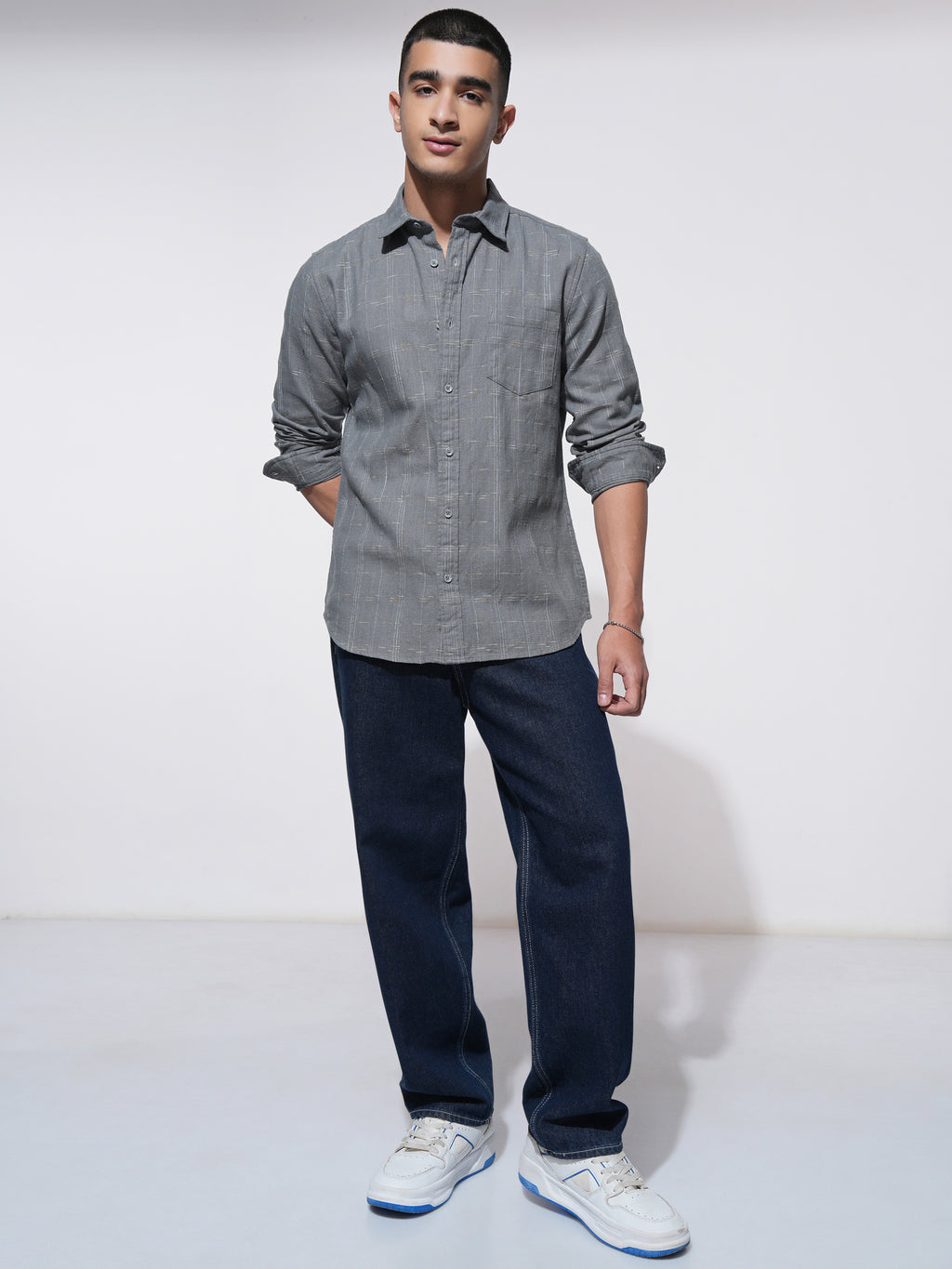 Highlander Men Grey Checked Slim Fit Casual Shirt - Grey - Image 2