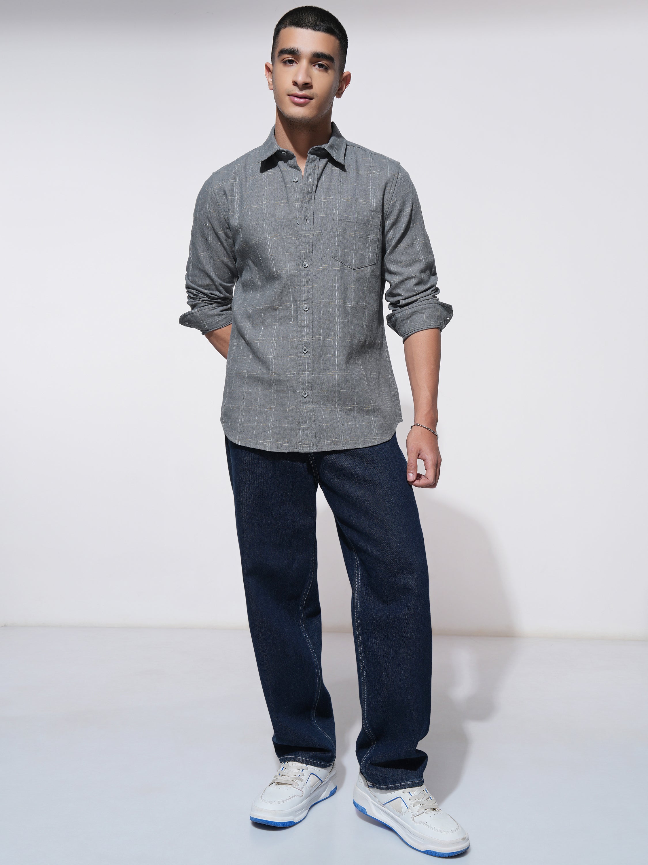Highlander Men Grey Checked Slim Fit Casual Shirt - Grey - Image 2
