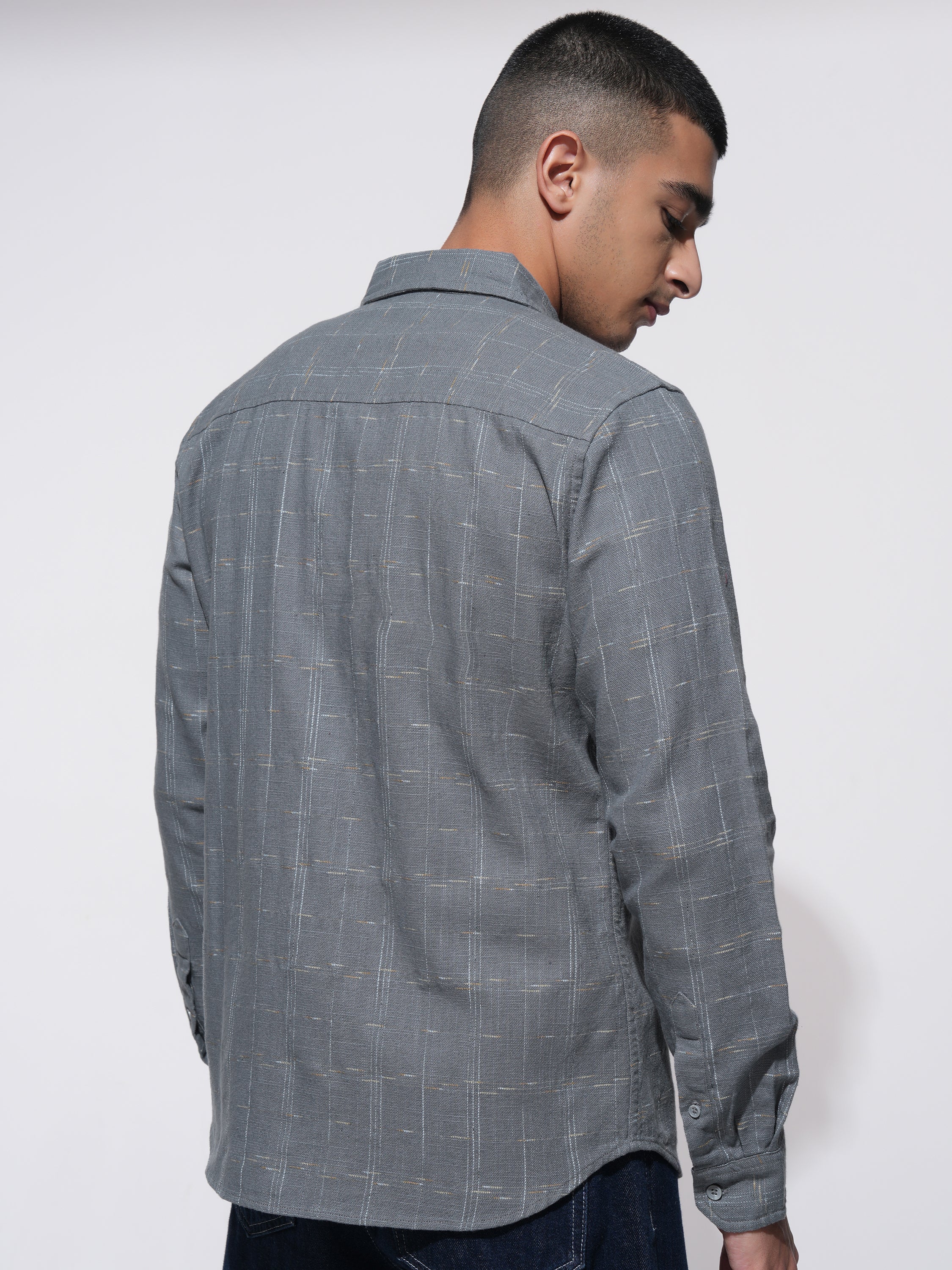 Highlander Men Grey Checked Slim Fit Casual Shirt - Grey - Image 3