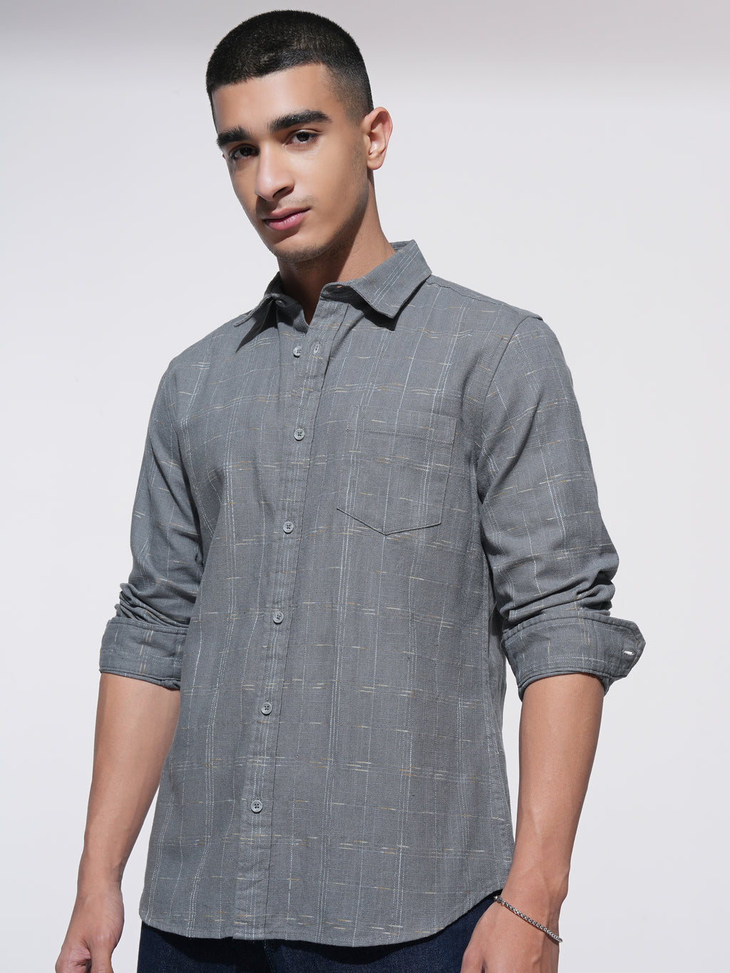 Highlander Men Grey Checked Slim Fit Casual Shirt - Grey - Image 4