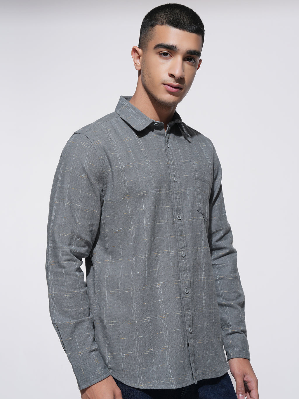 Highlander Men Grey Checked Slim Fit Casual Shirt - Grey - Image 6
