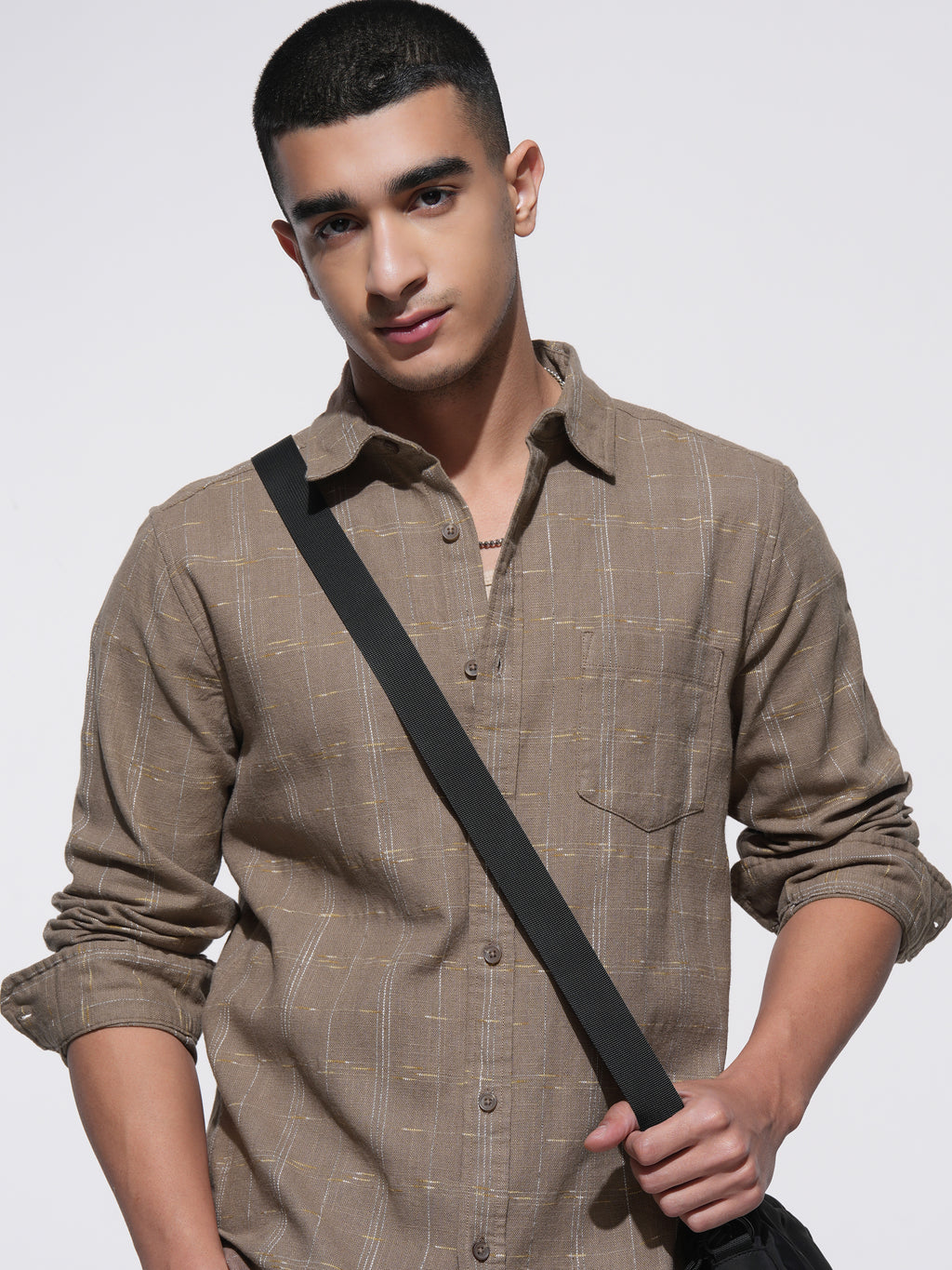 Highlander Men Brown Checked Slim Fit Casual Shirt - Brown - Image 1