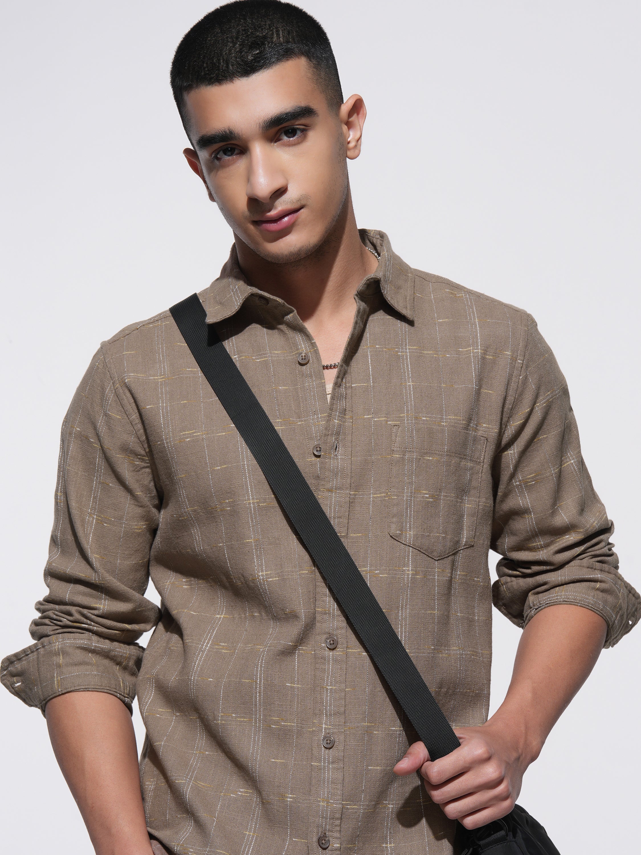 Highlander Men Brown Checked Slim Fit Casual Shirt - Brown - Image 1