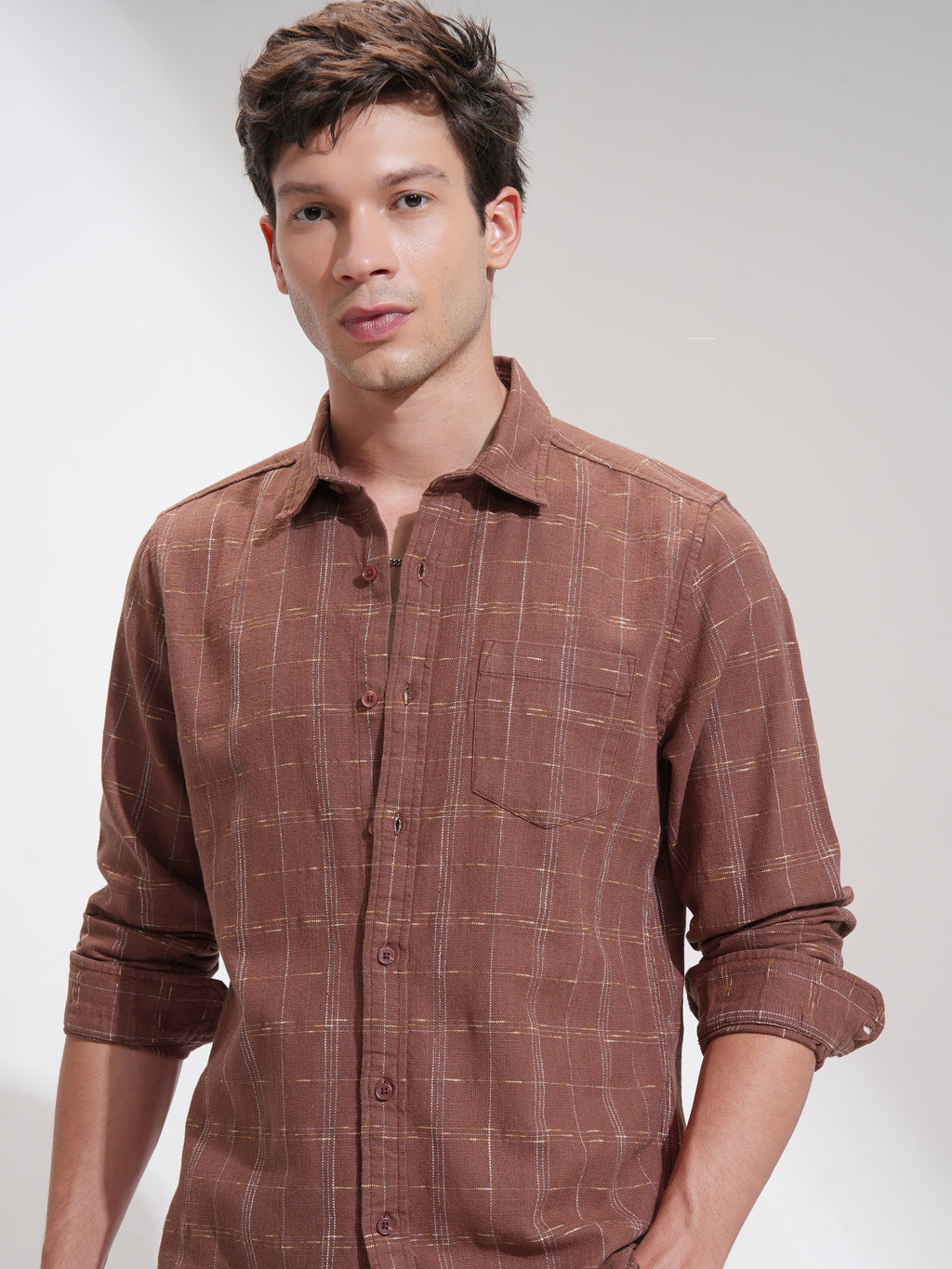 Highlander Men Rust Self Design Slim Fit Casual Shirt - Rust - Image 1