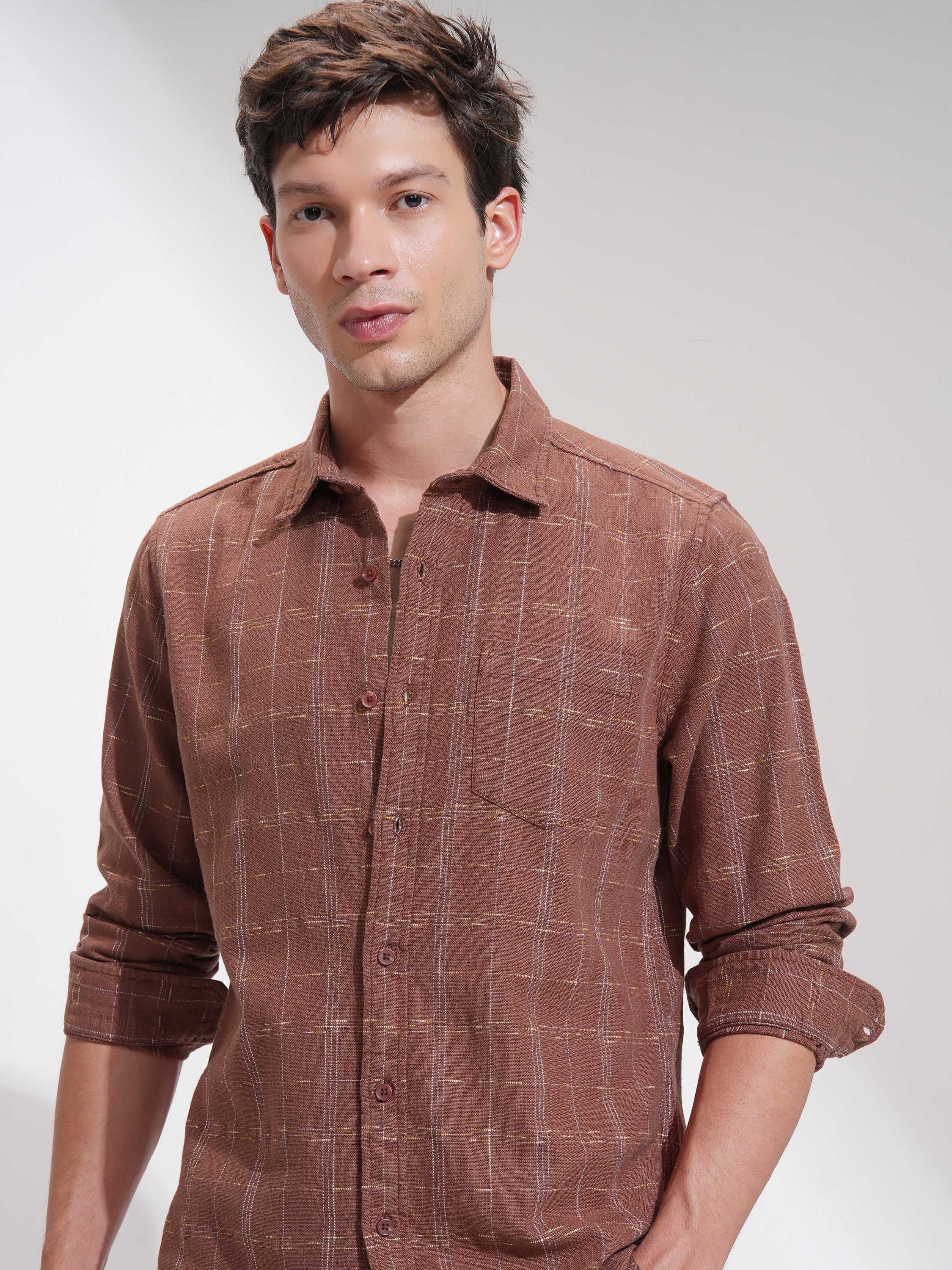 Highlander Men Rust Self Design Slim Fit Casual Shirt - Rust - Image 1