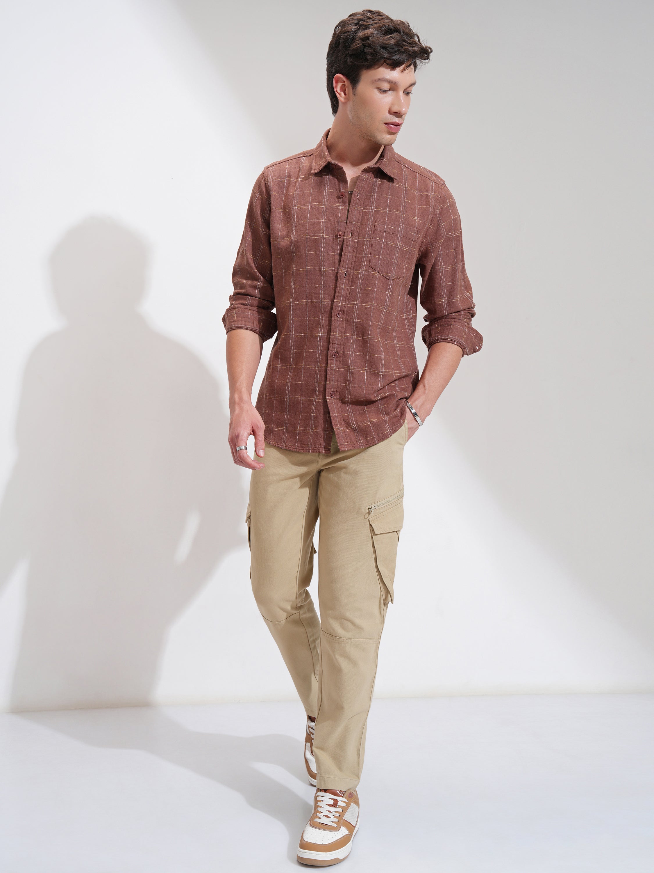 Highlander Men Rust Self Design Slim Fit Casual Shirt - Rust - Image 2