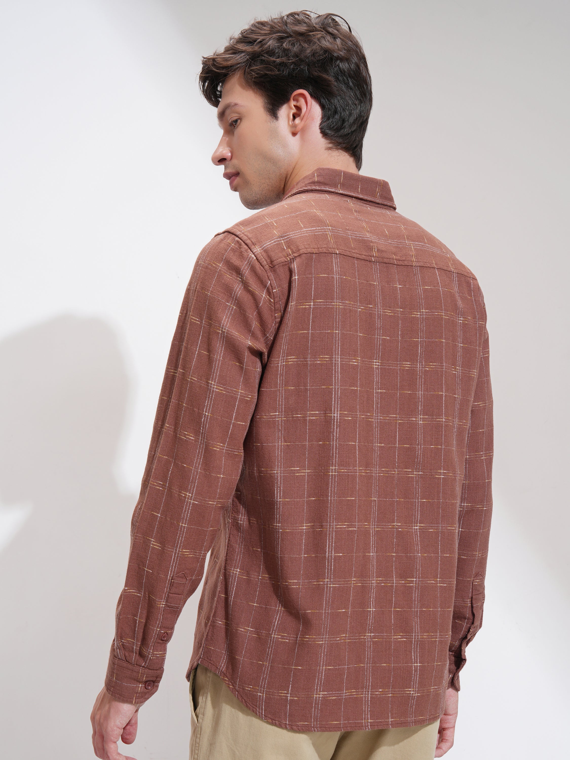 Highlander Men Rust Self Design Slim Fit Casual Shirt - Rust - Image 3