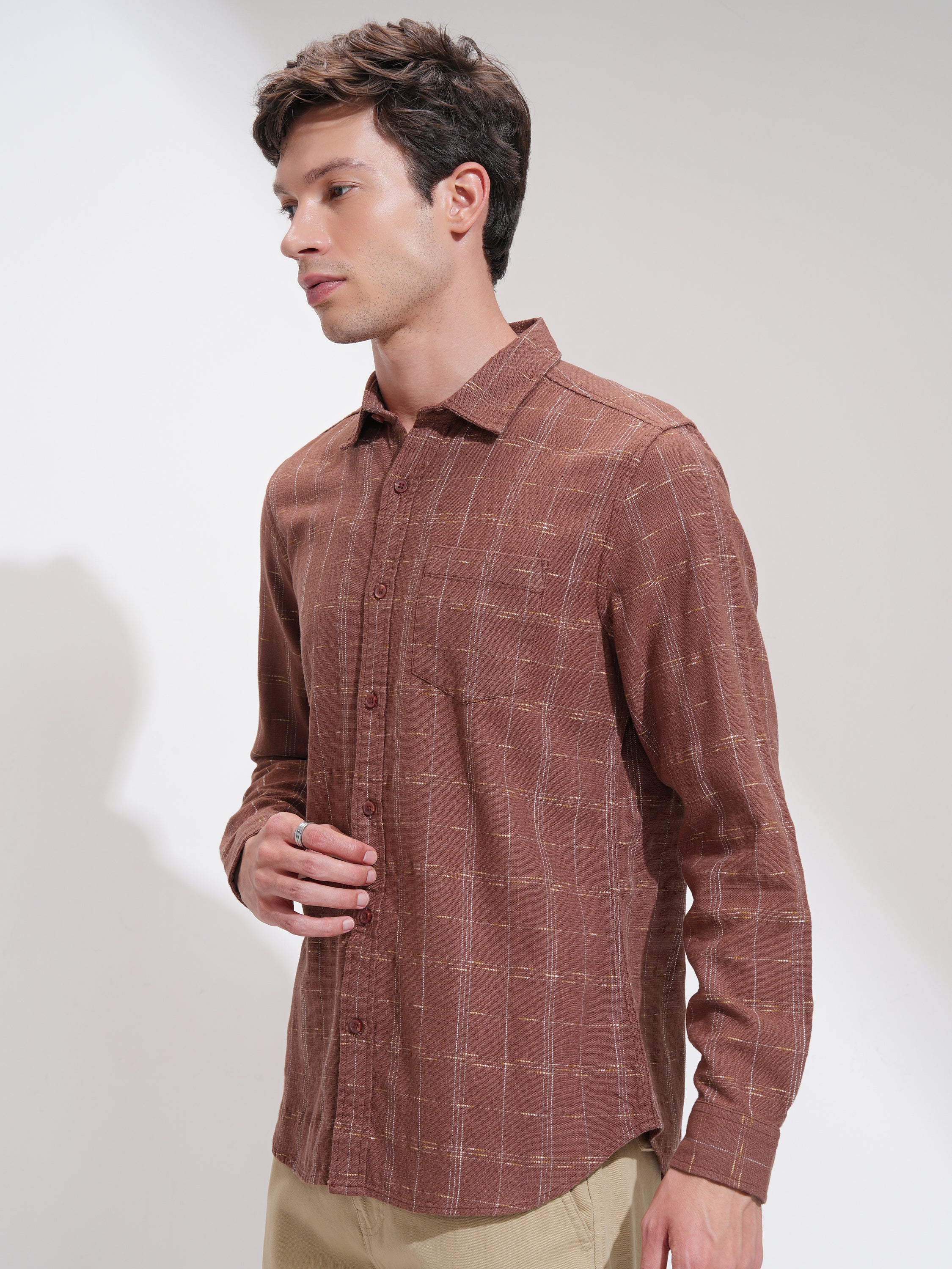 Highlander Men Rust Self Design Slim Fit Casual Shirt - Rust - Image 4