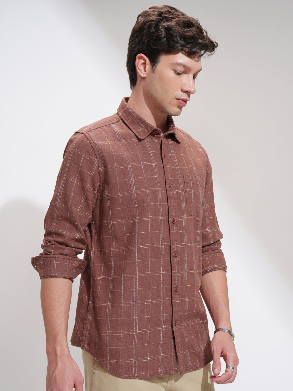 Highlander Men Rust Self Design Slim Fit Casual Shirt - Rust - Image 6