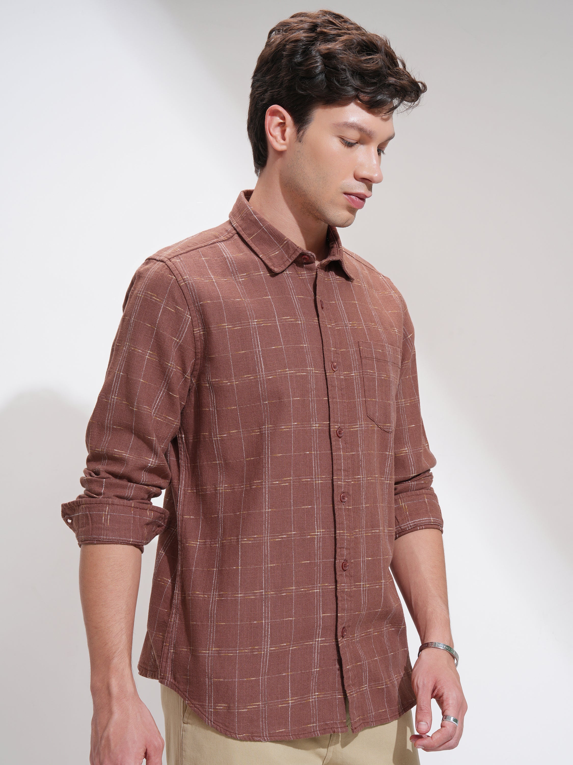 Highlander Men Rust Self Design Slim Fit Casual Shirt - Rust - Image 6