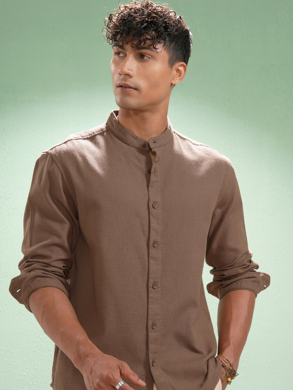 Highlander Men Coffee Brown Self Design Relaxed Fit Casual Shirt - Coffee Brown - Image 1