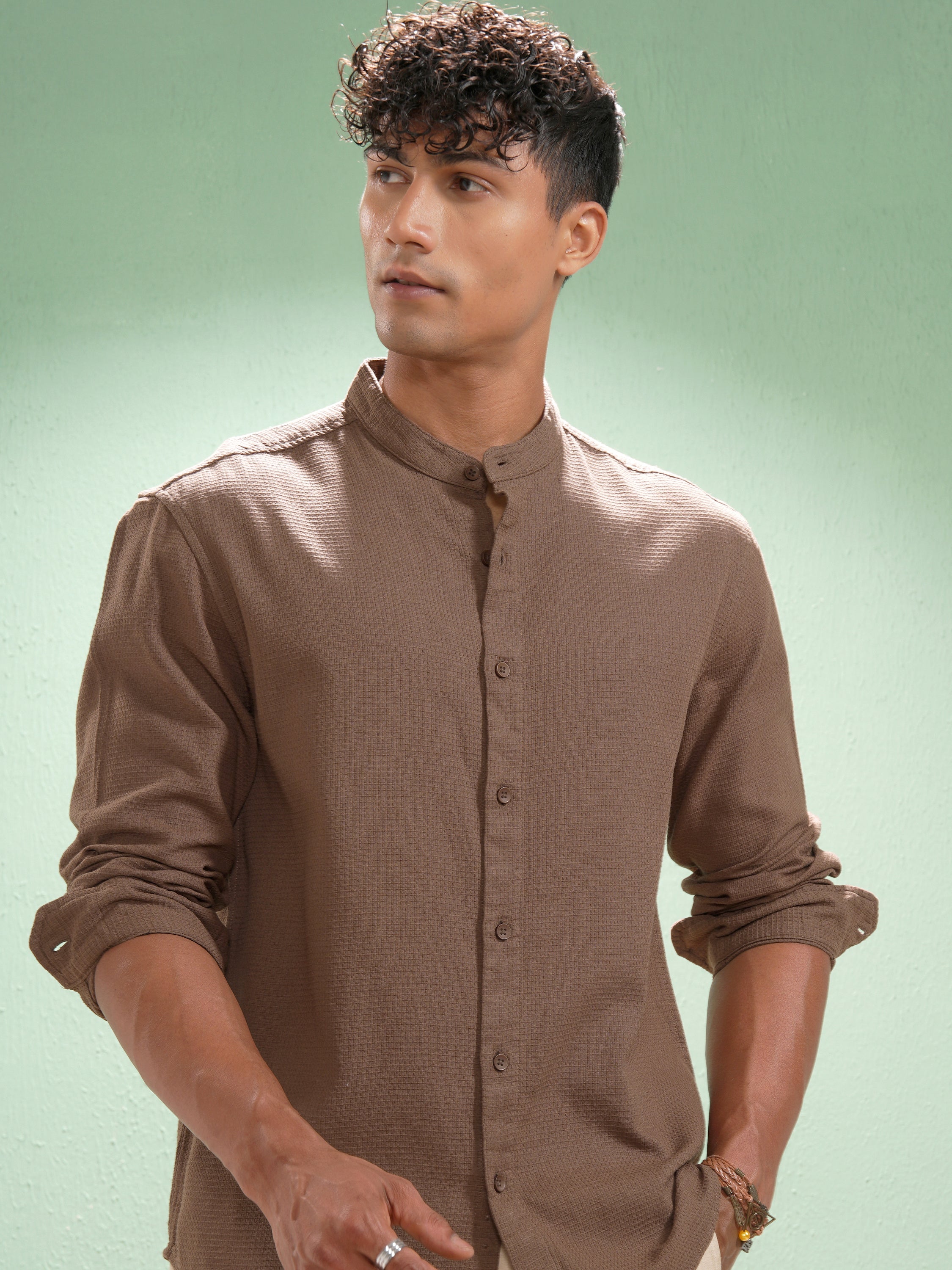 Highlander Men Coffee Brown Self Design Relaxed Fit Casual Shirt - Coffee Brown - Image 1