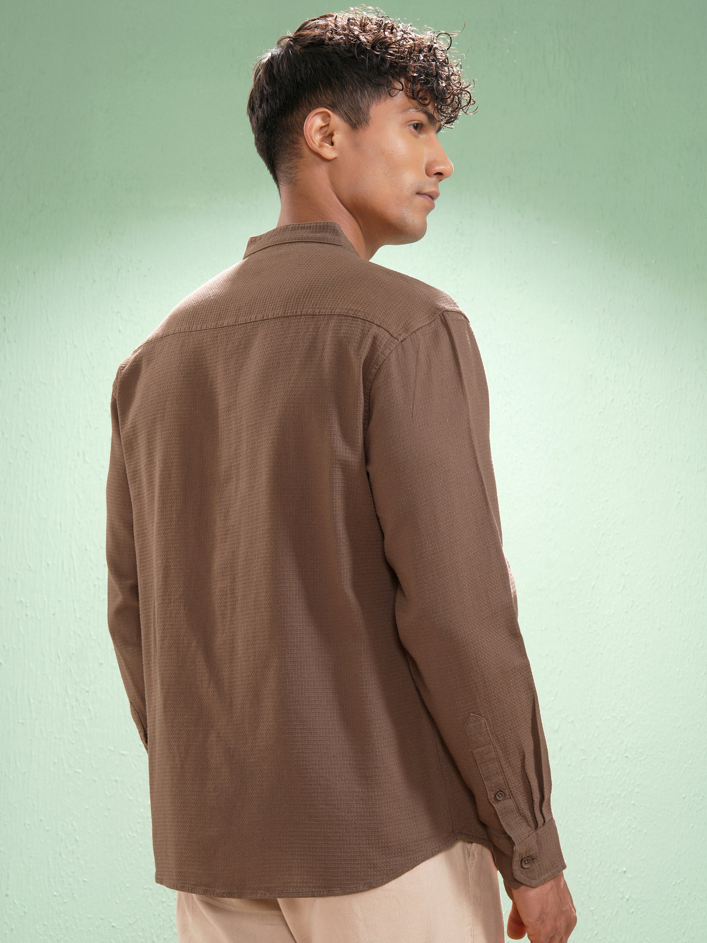 Highlander Men Coffee Brown Self Design Relaxed Fit Casual Shirt - Coffee Brown - Image 3