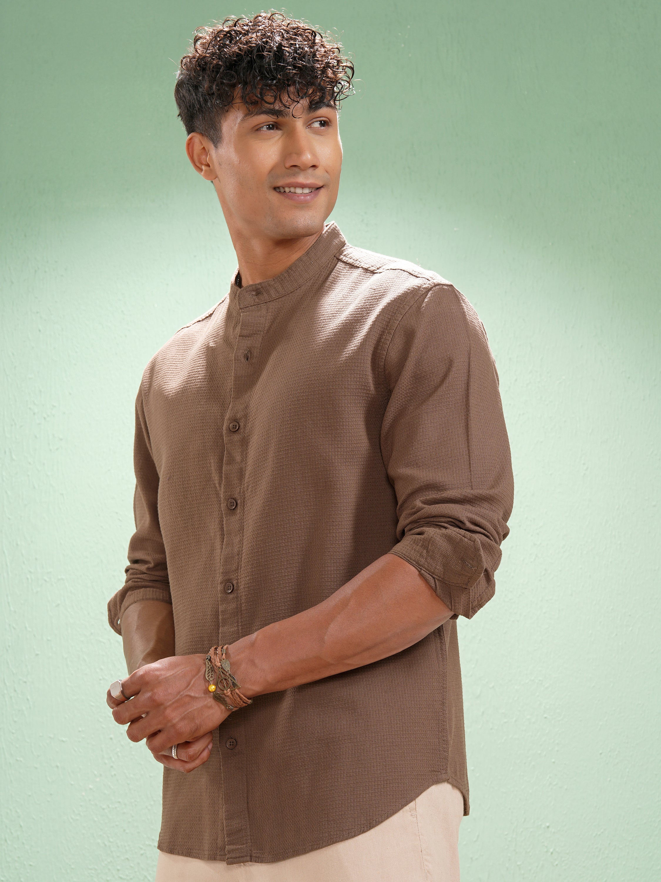 Highlander Men Coffee Brown Self Design Relaxed Fit Casual Shirt - Coffee Brown - Image 4