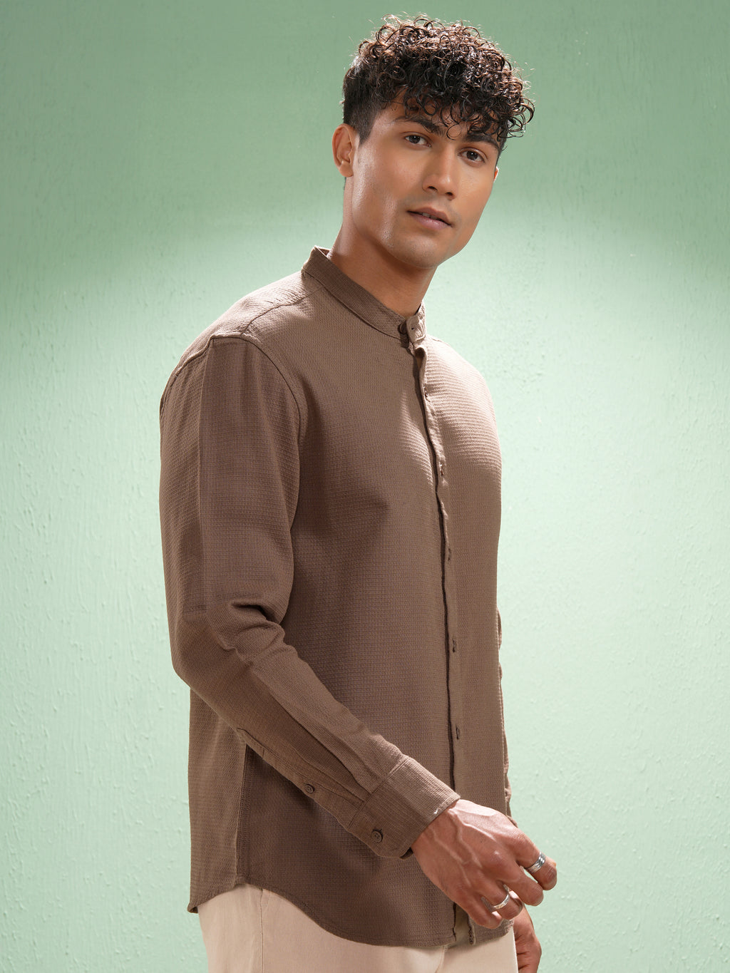 Highlander Men Coffee Brown Self Design Relaxed Fit Casual Shirt - Coffee Brown - Image 6