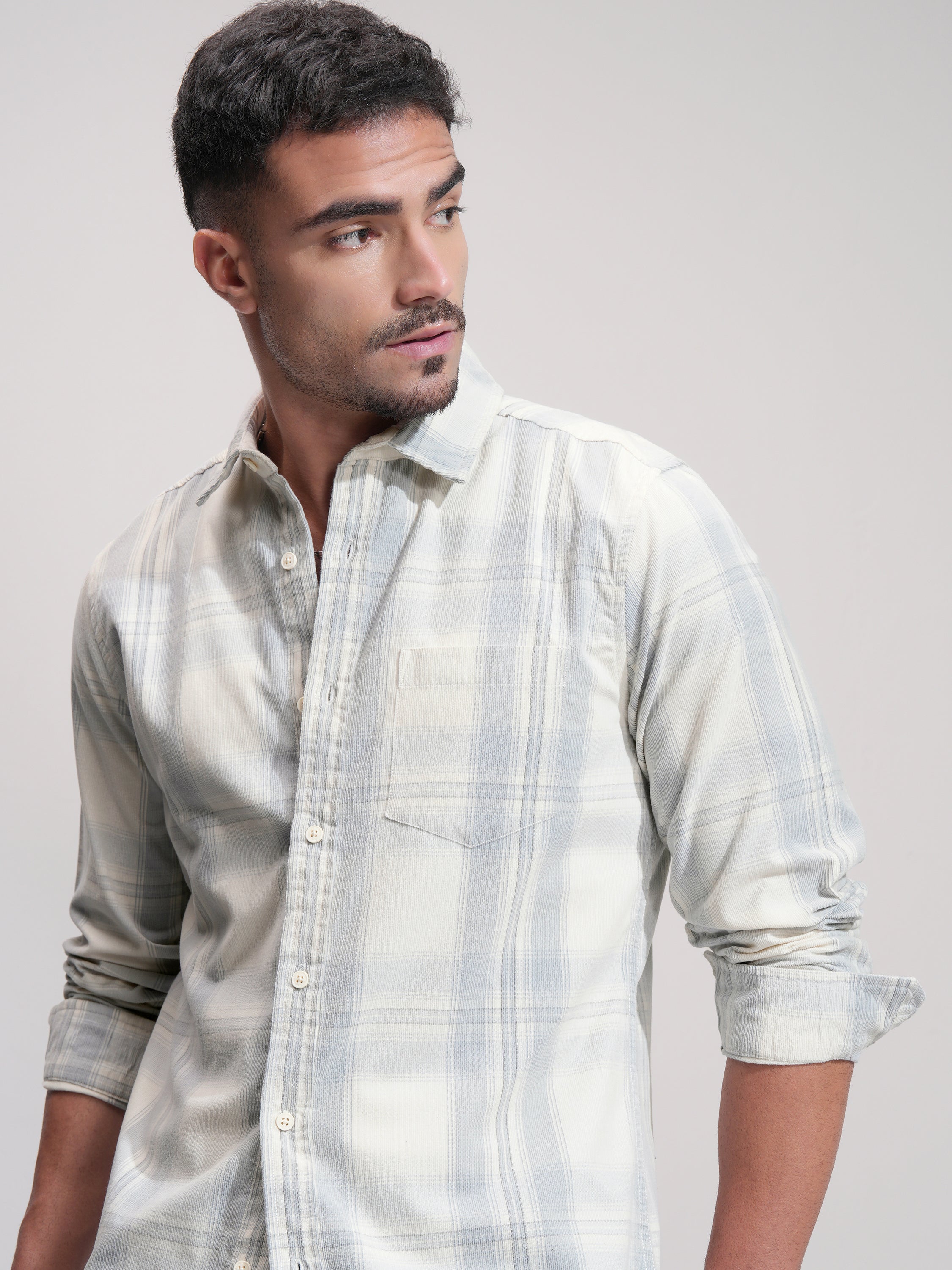 Highlander Men Off White Checked Slim Fit Casual Shirt - Off White - Image 1