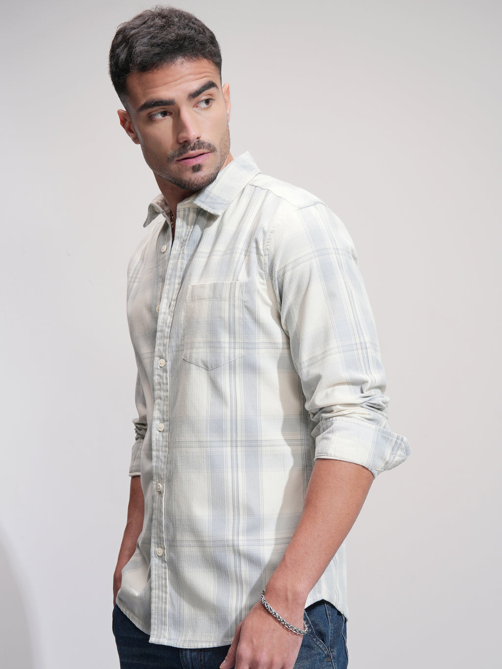 Highlander Men Off White Checked Slim Fit Casual Shirt - Off White - Image 4