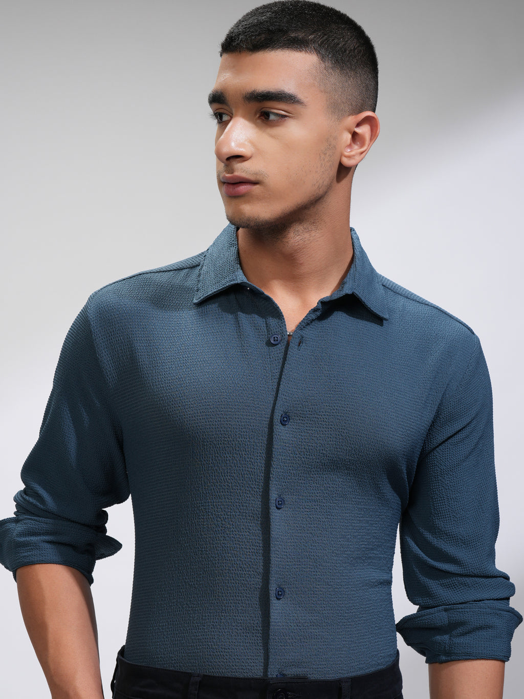 Highlander Men Blue Self Design Slim Fit Casual Shirt - Blue - Image 1