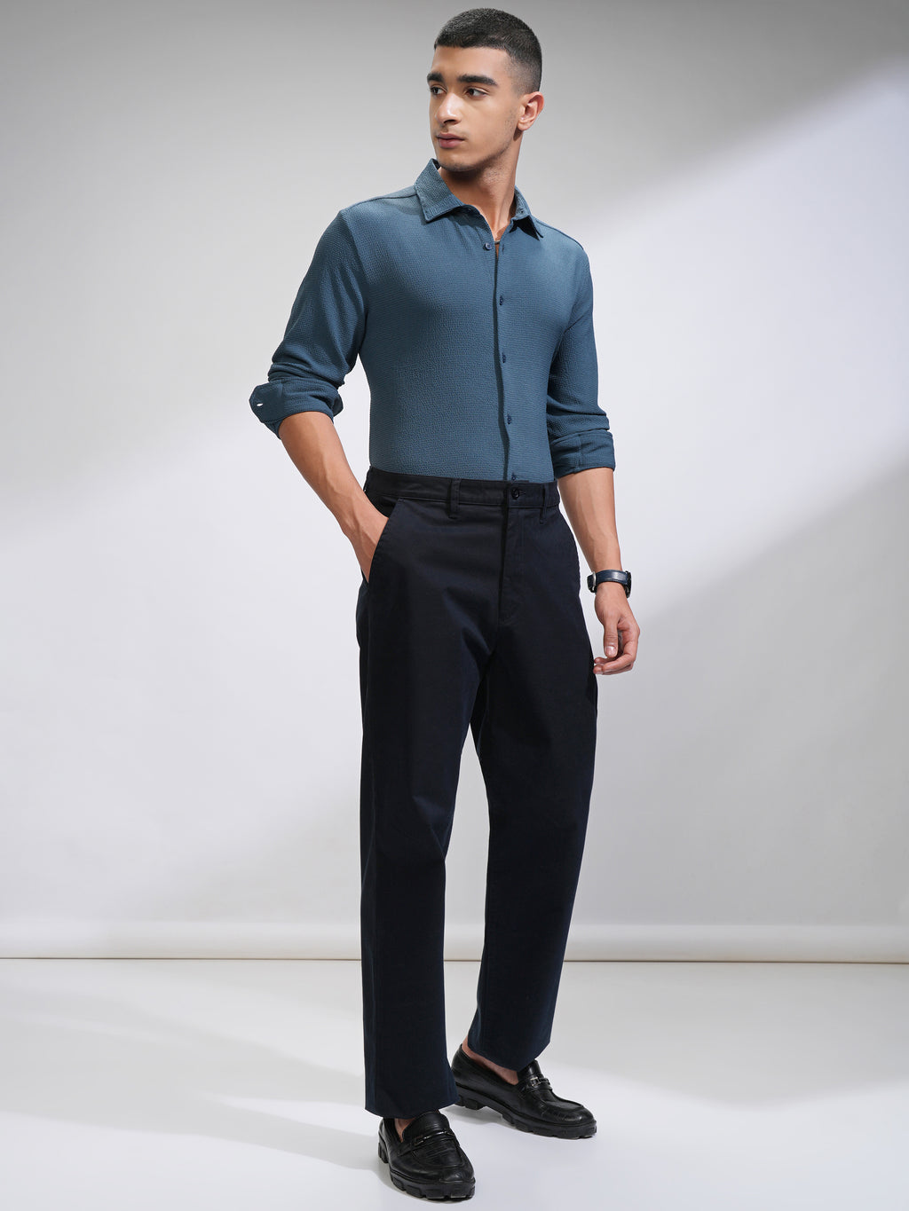 Highlander Men Blue Self Design Slim Fit Casual Shirt - Blue - Image 2