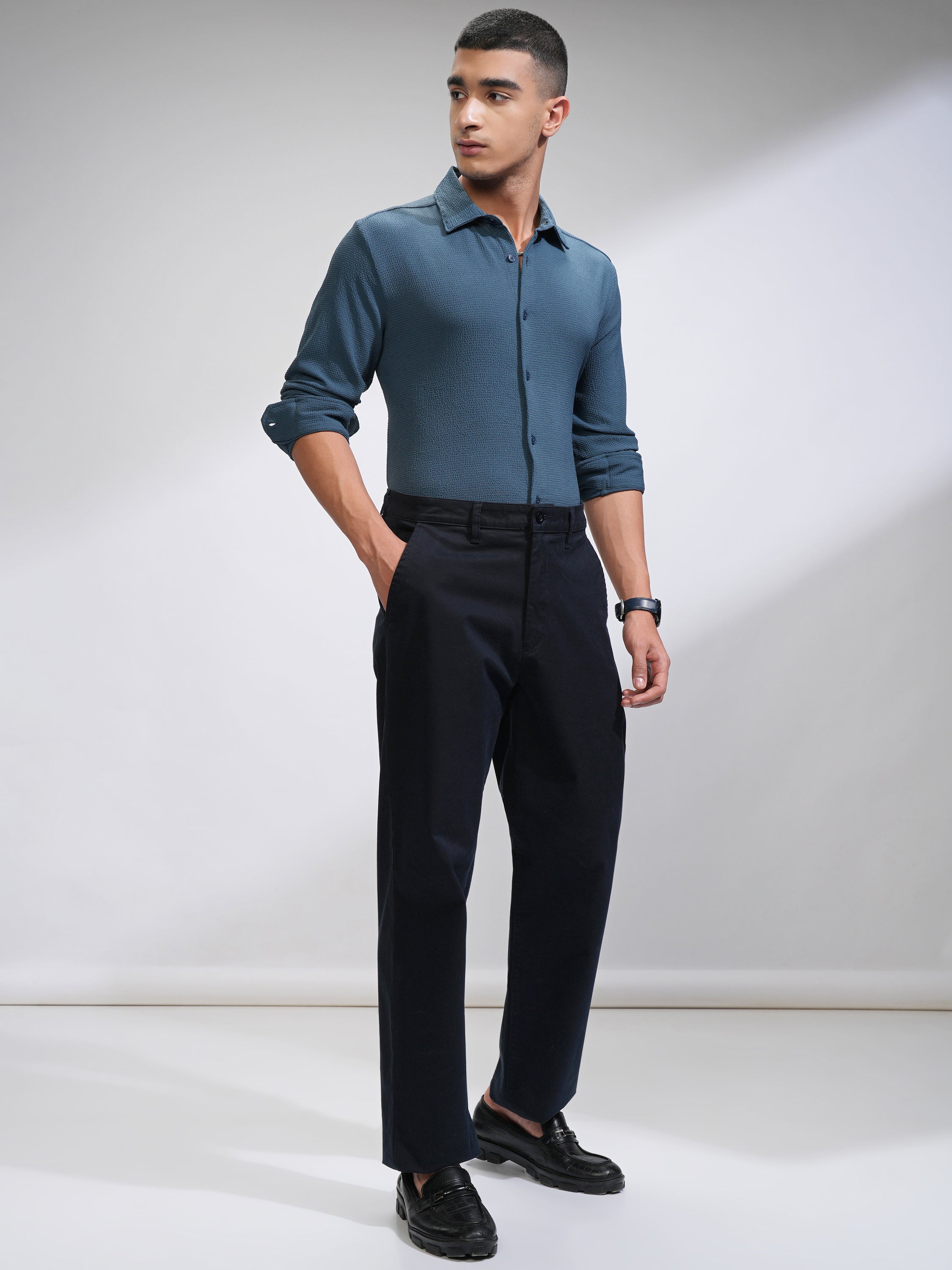 Highlander Men Blue Self Design Slim Fit Casual Shirt - Blue - Image 2