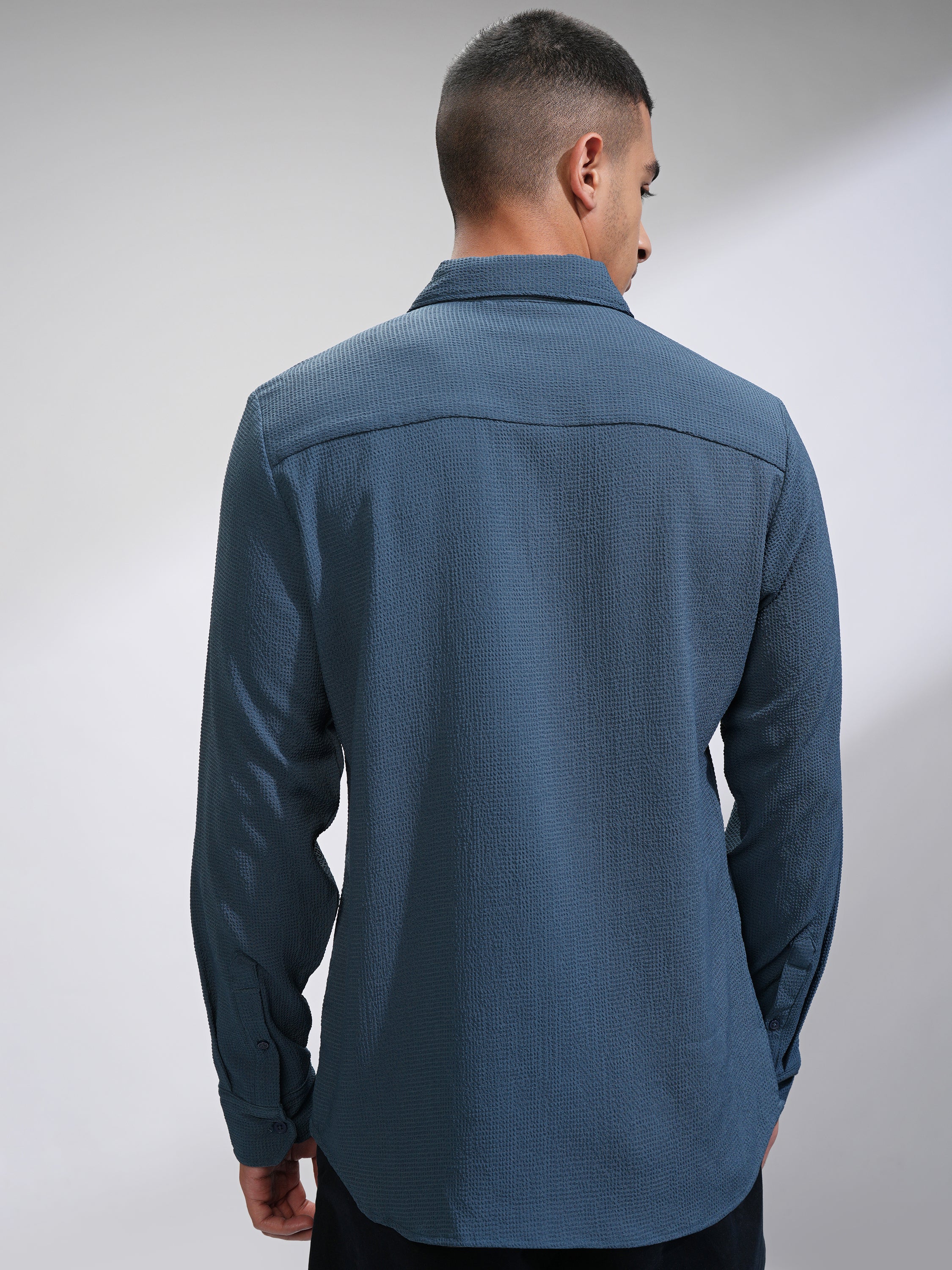 Highlander Men Blue Self Design Slim Fit Casual Shirt - Blue - Image 3