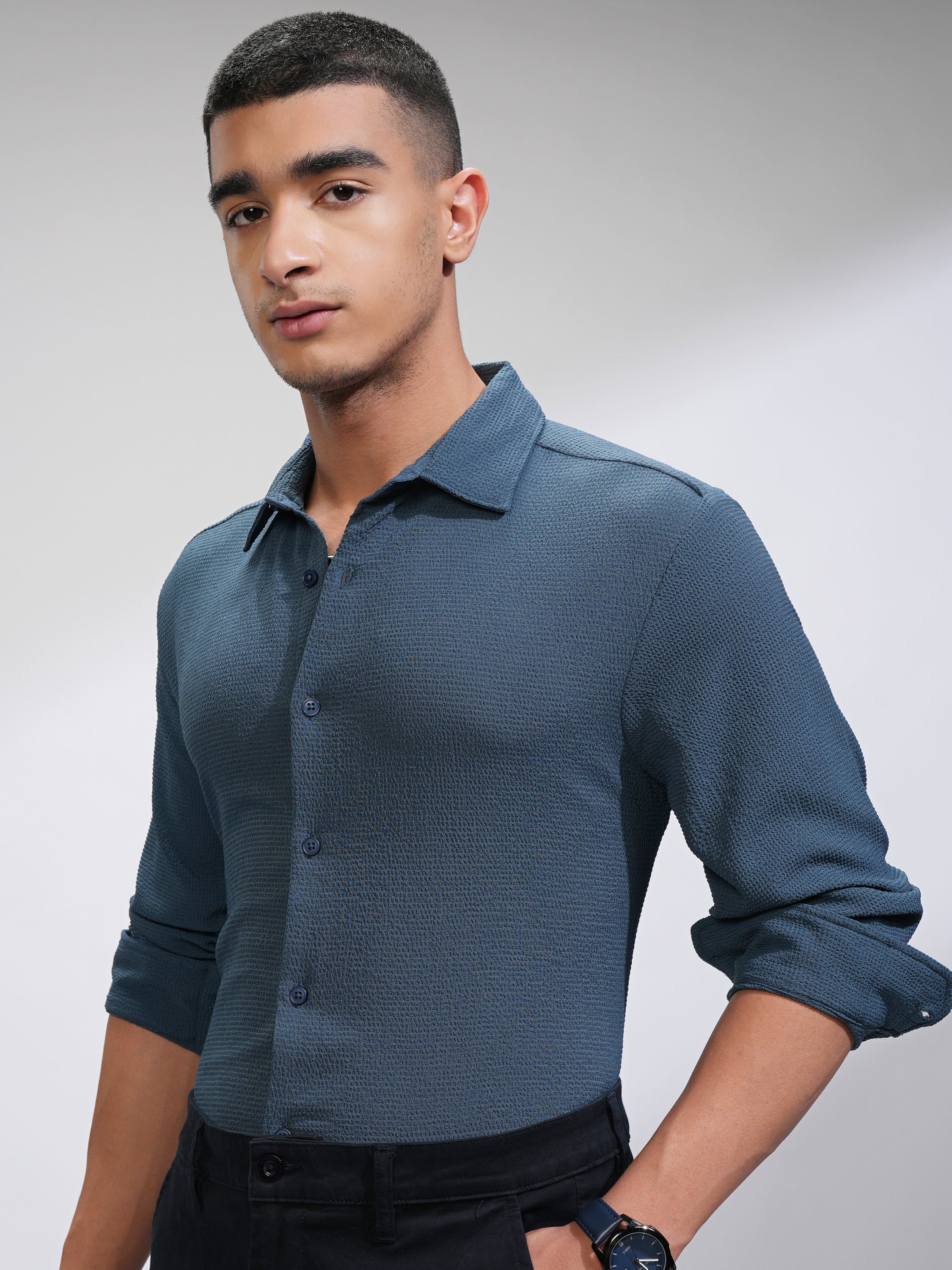 Highlander Men Blue Self Design Slim Fit Casual Shirt - Blue - Image 4