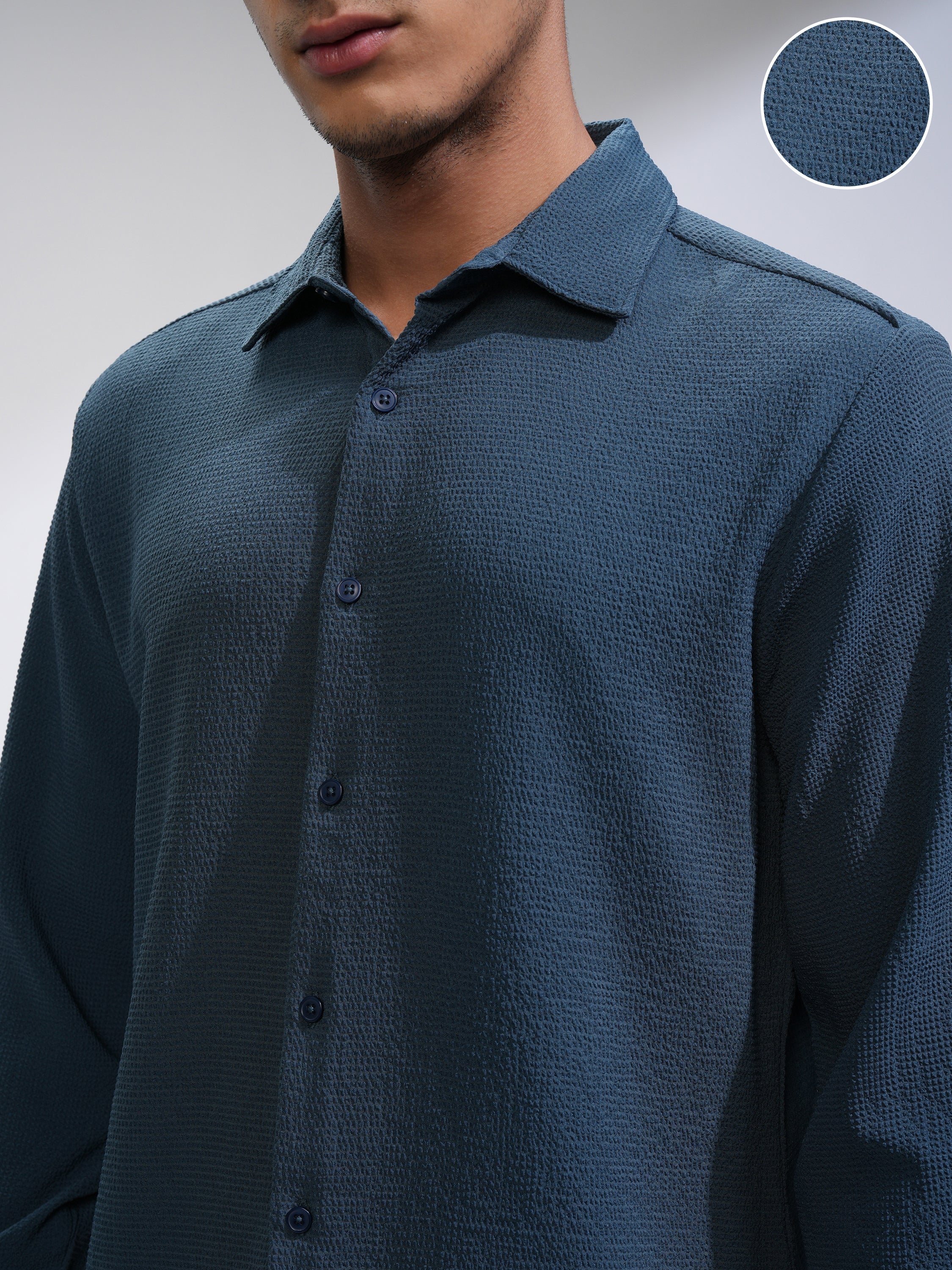 Highlander Men Blue Self Design Slim Fit Casual Shirt - Blue - Image 5