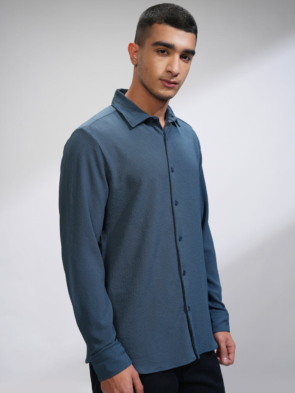 Highlander Men Blue Self Design Slim Fit Casual Shirt - Blue - Image 6