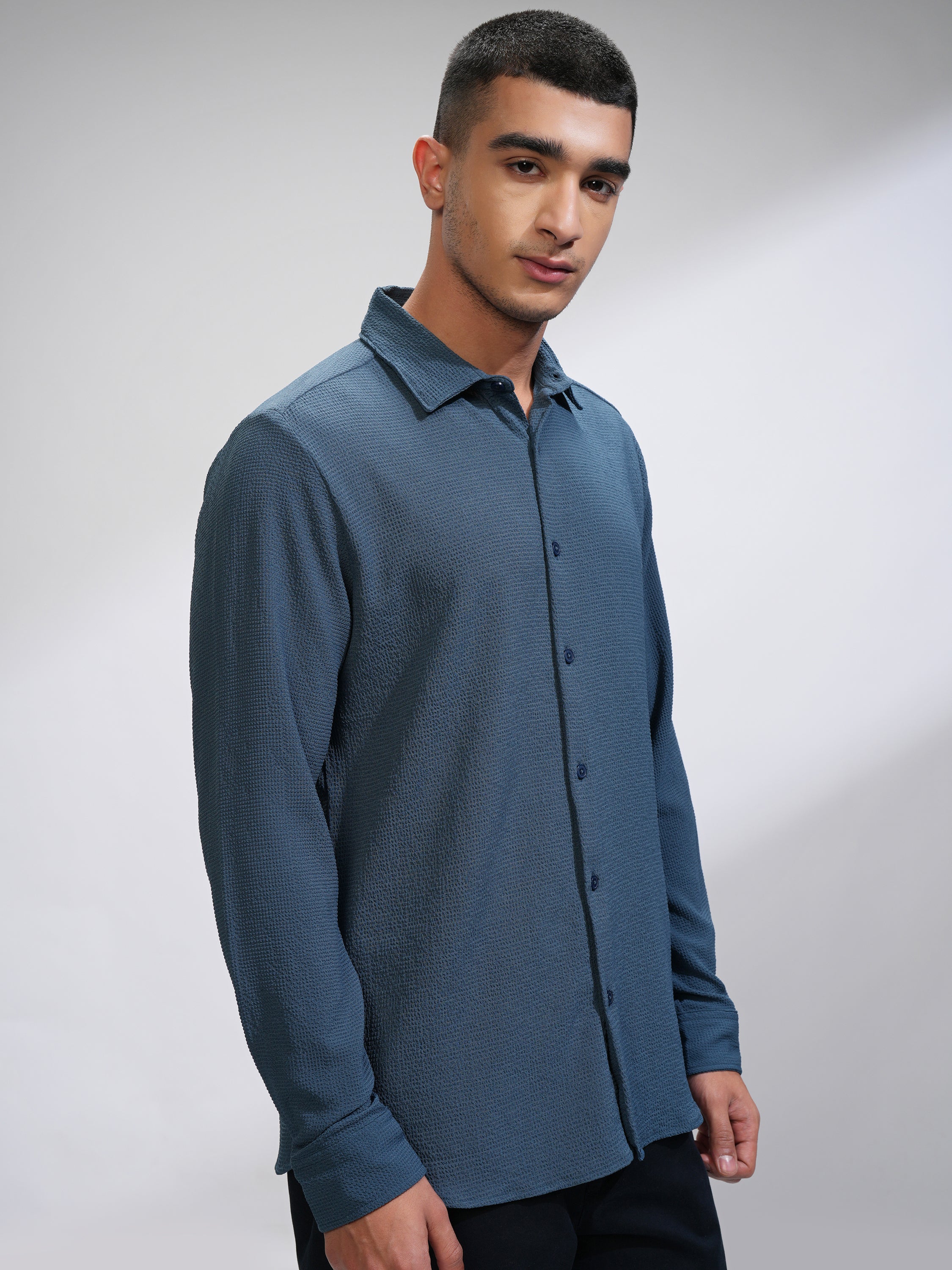 Highlander Men Blue Self Design Slim Fit Casual Shirt - Blue - Image 6