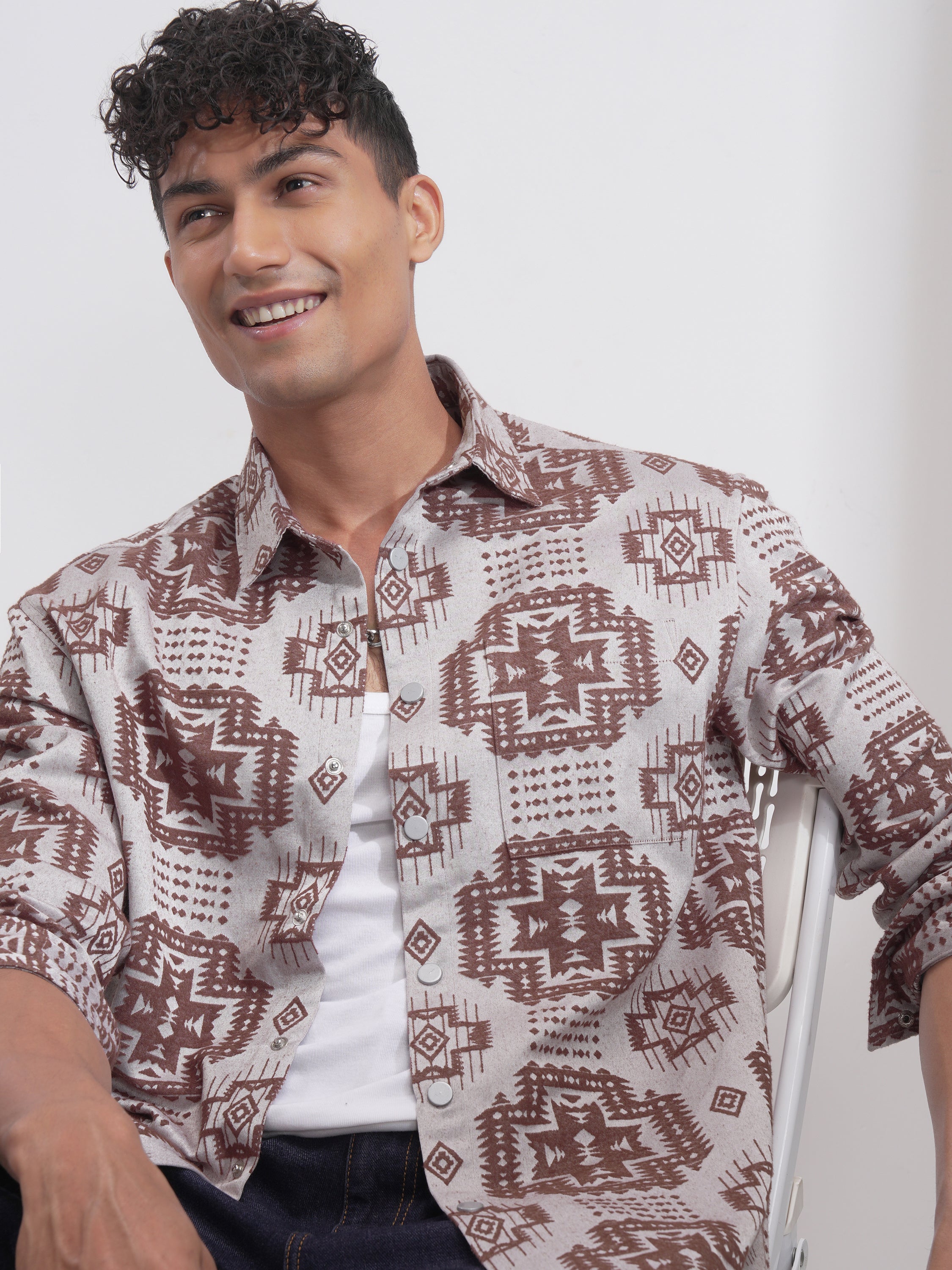 Highlander Men Brown Self Design Relaxed Fit Casual Shirt - Brown - Image 1