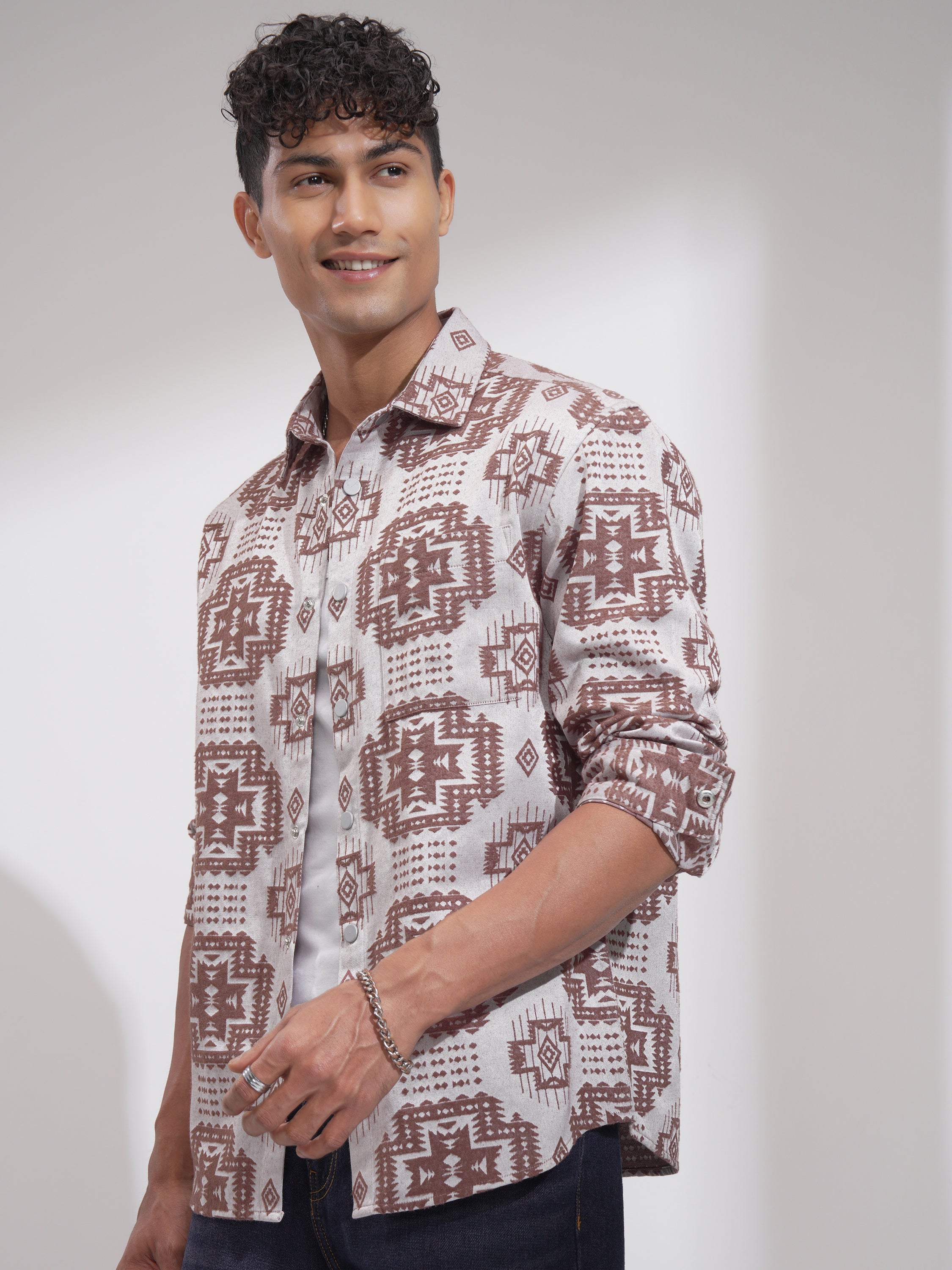 Highlander Men Brown Self Design Relaxed Fit Casual Shirt - Brown - Image 4