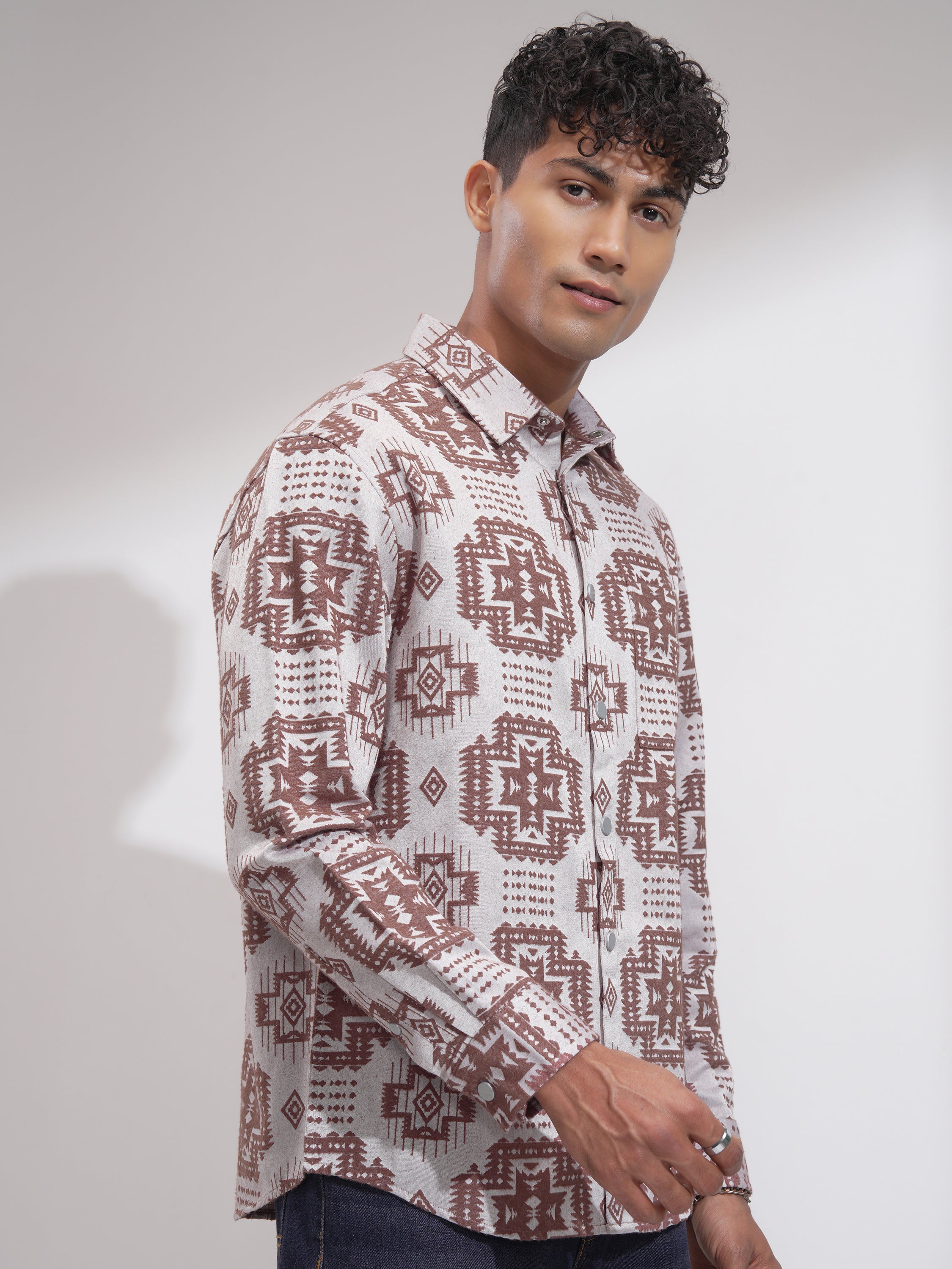 Highlander Men Brown Self Design Relaxed Fit Casual Shirt - Brown - Image 6