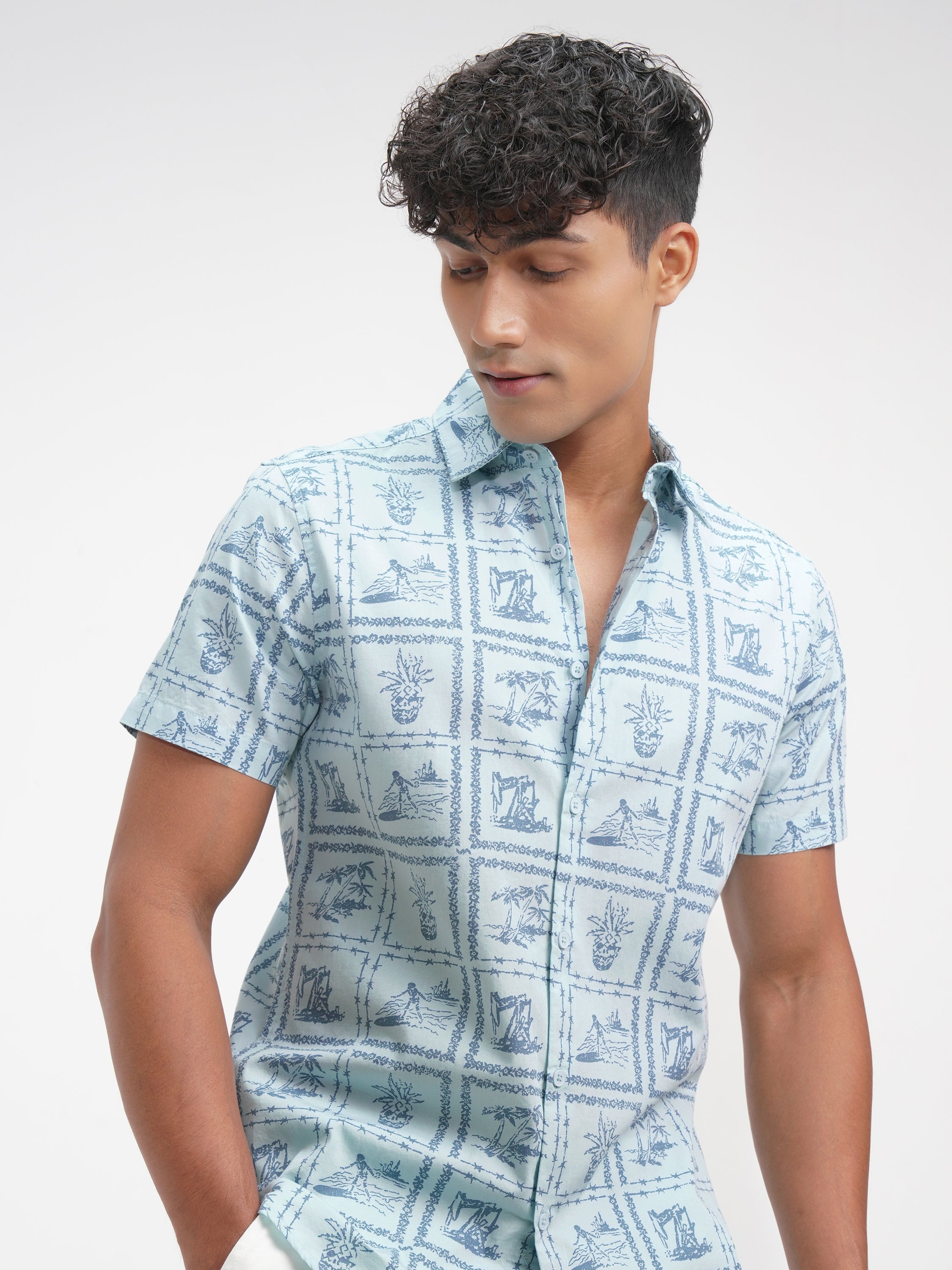 Highlander Men Blue Printed Slim Fit Casual Shirt - Blue - Image 1