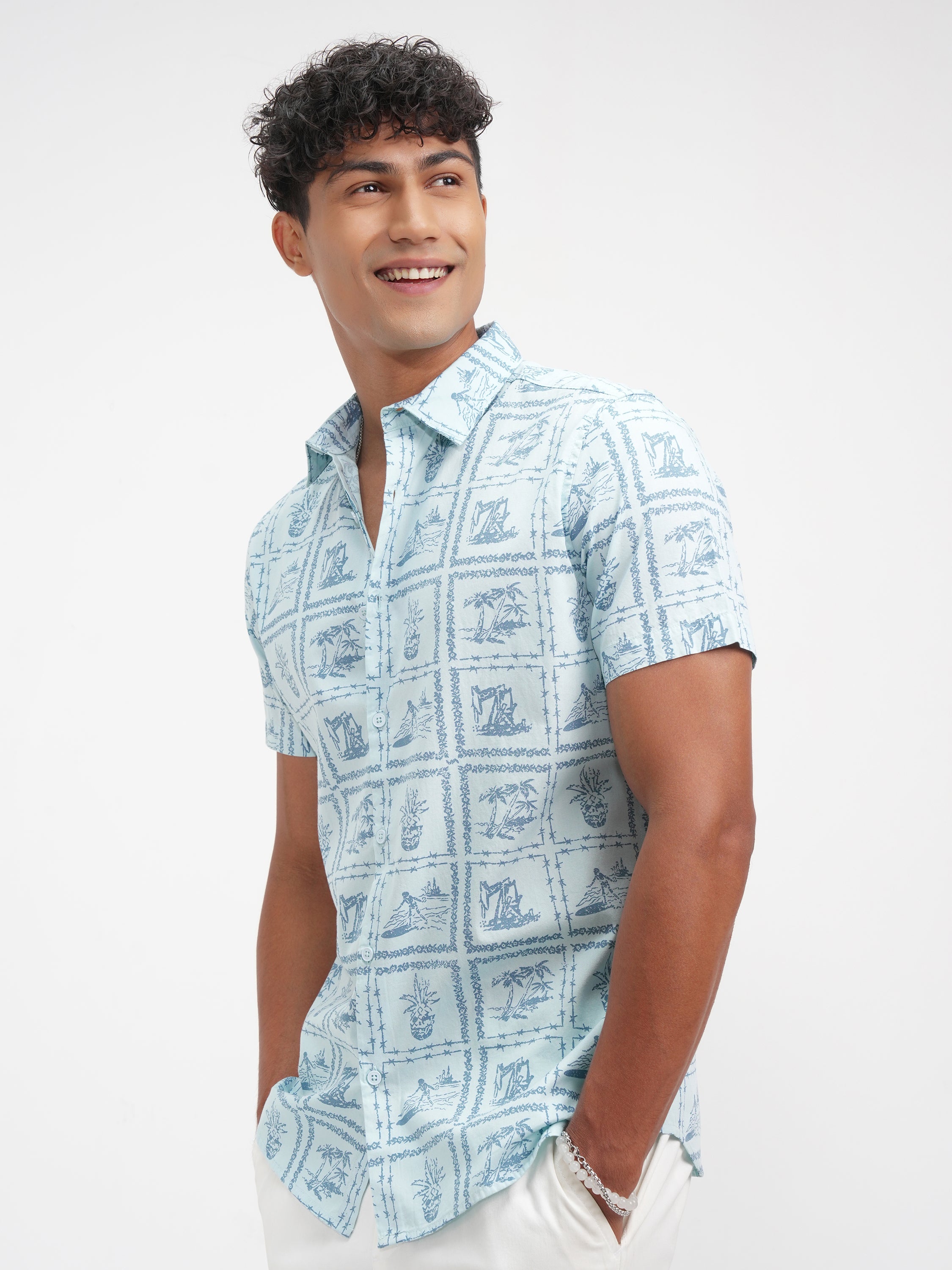 Highlander Men Blue Printed Slim Fit Casual Shirt - Blue - Image 4