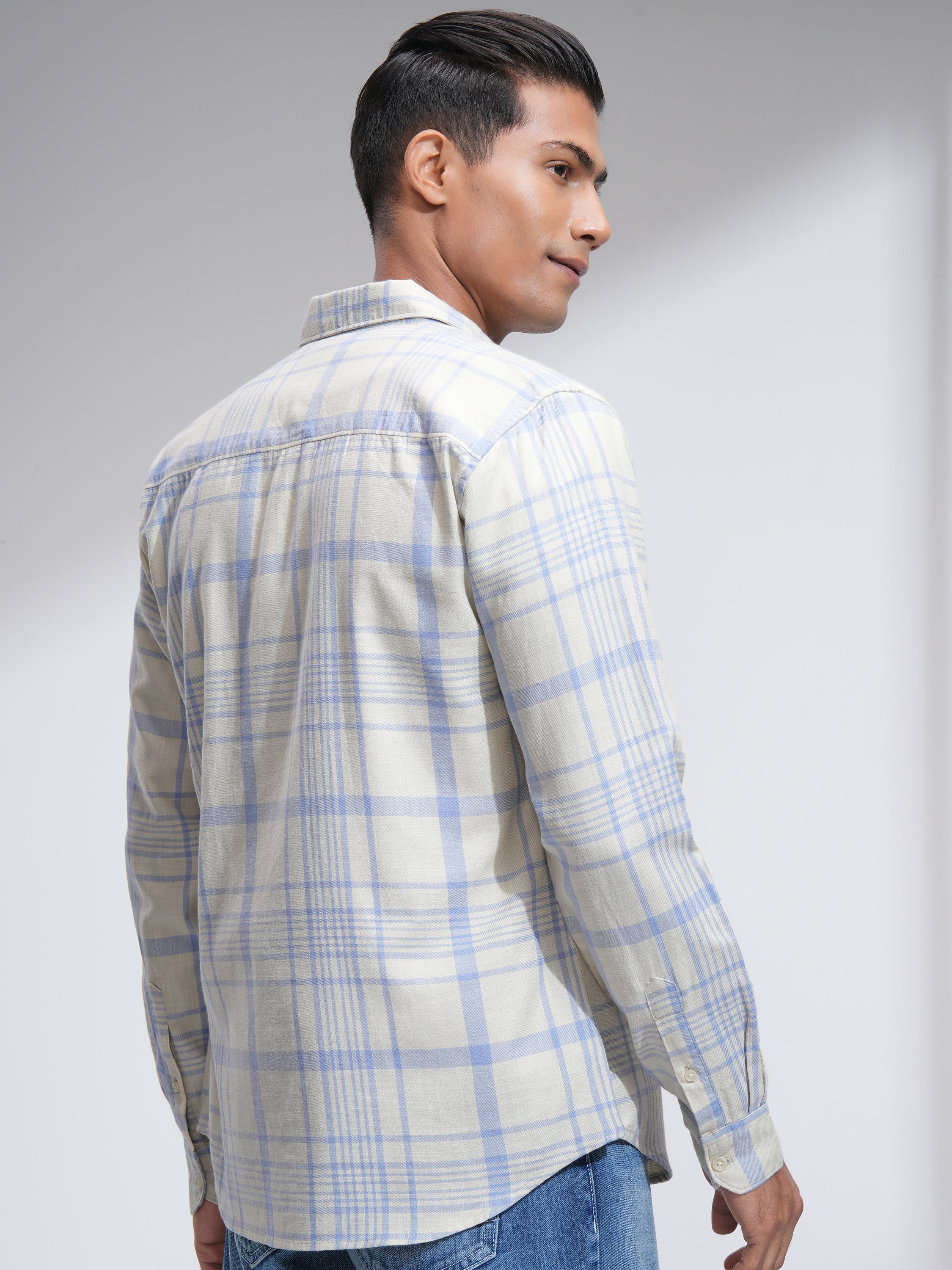 Highlander Men Cream Checked Slim Fit Casual Shirt - Cream - Image 3
