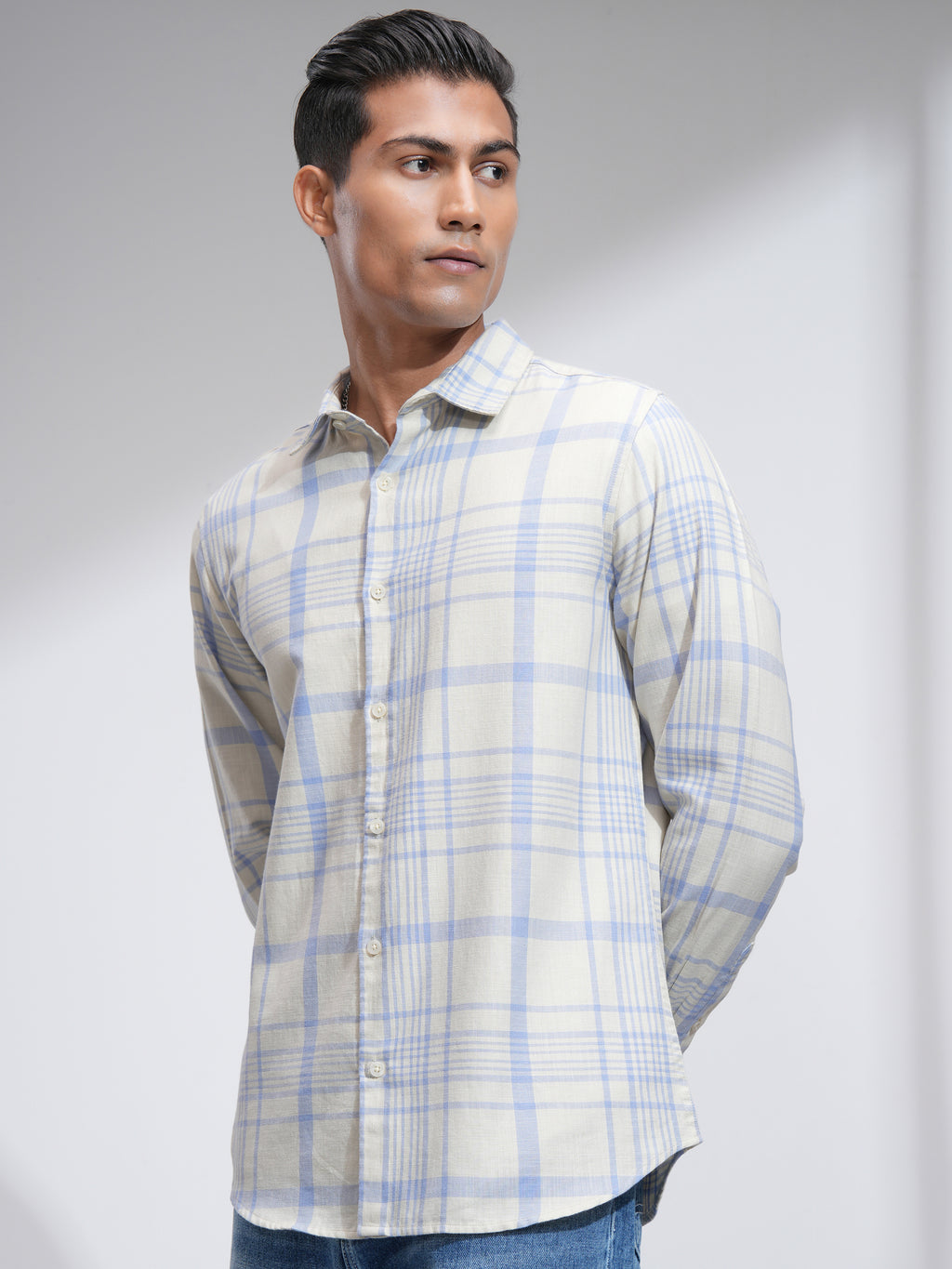 Highlander Men Cream Checked Slim Fit Casual Shirt - Cream - Image 4