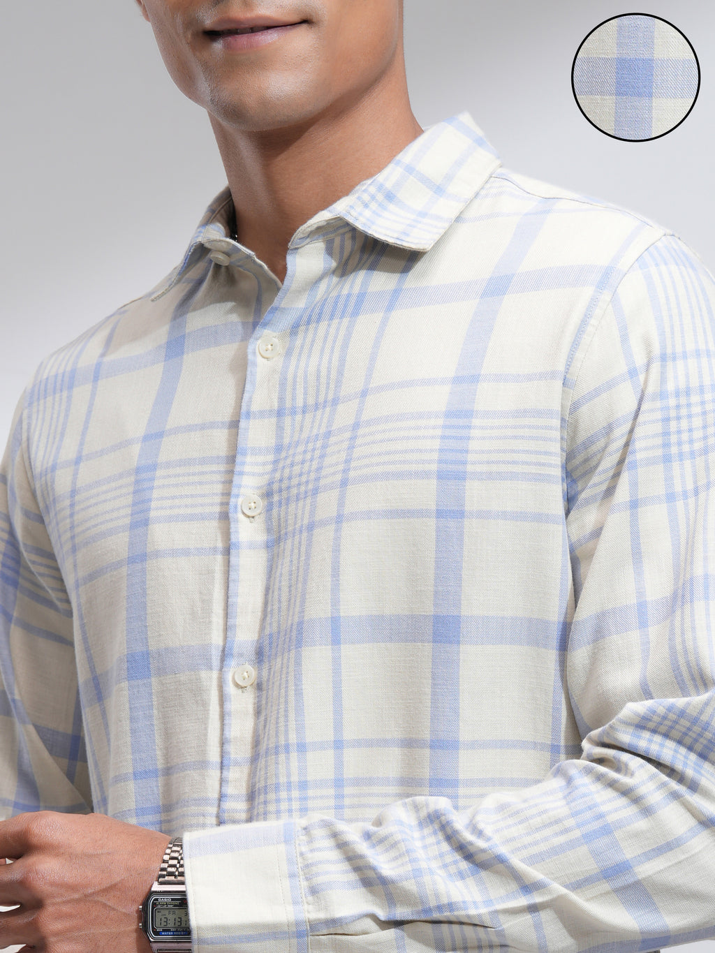 Highlander Men Cream Checked Slim Fit Casual Shirt - Cream - Image 5