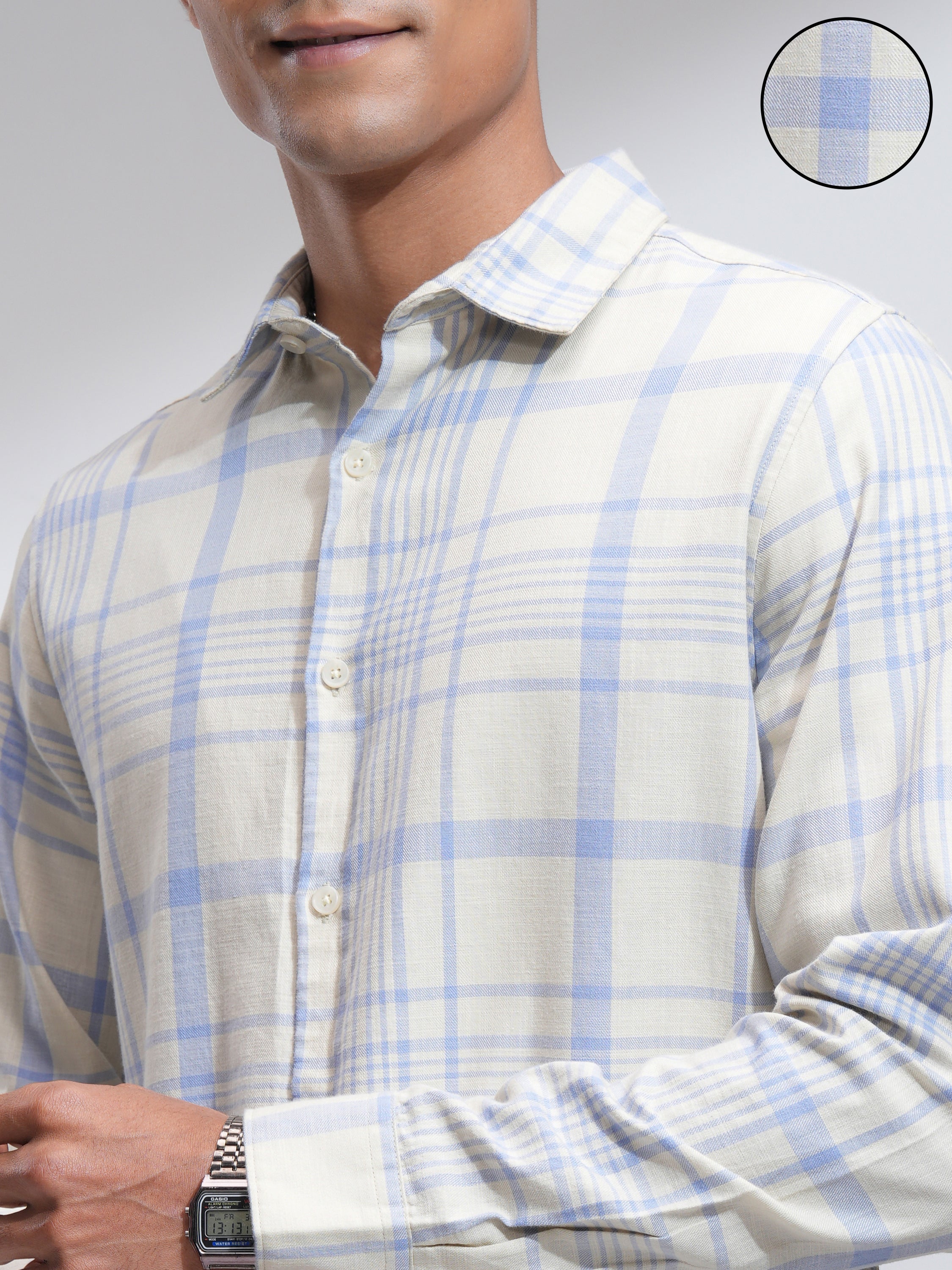 Highlander Men Cream Checked Slim Fit Casual Shirt - Cream - Image 5