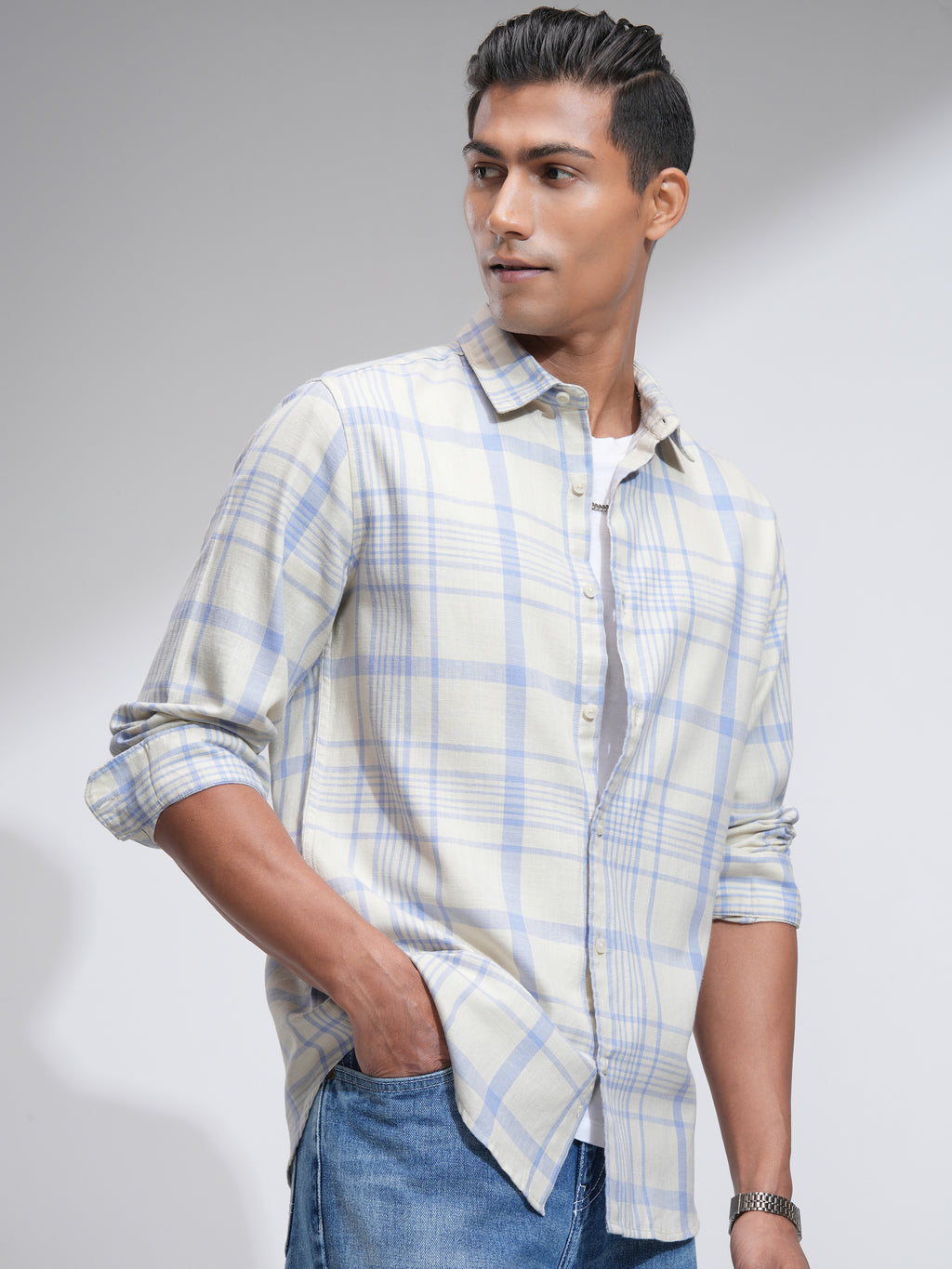 Highlander Men Cream Checked Slim Fit Casual Shirt - Cream - Image 6