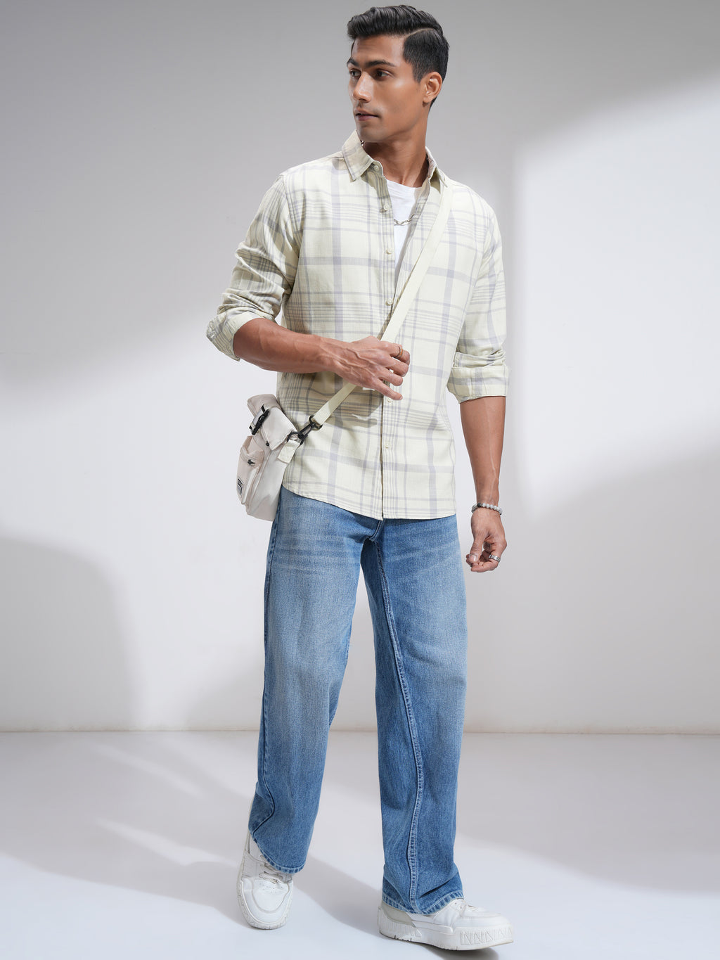 Highlander Men Cream Checked Slim Fit Casual Shirt - Cream - Image 2