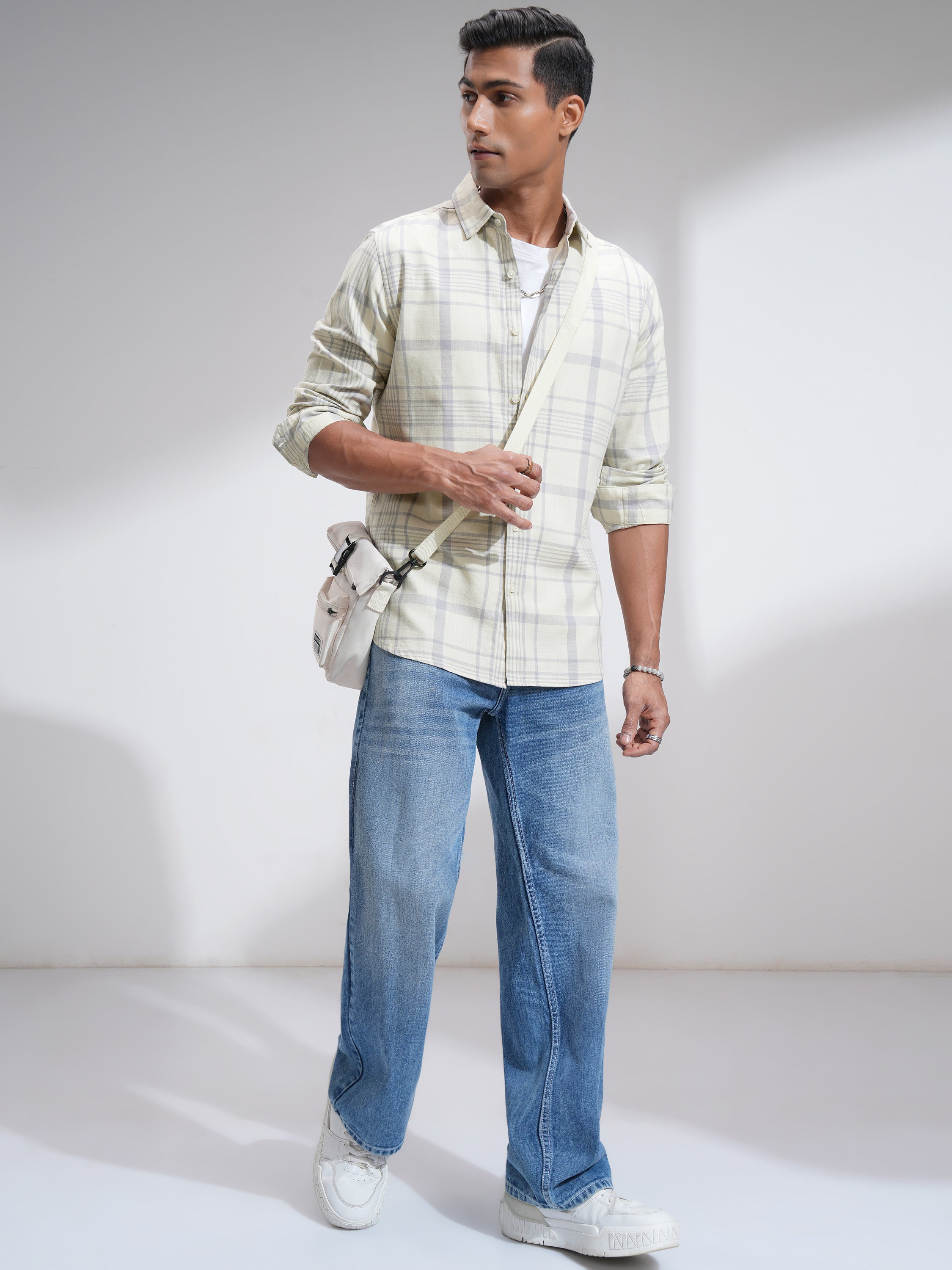 Highlander Men Cream Checked Slim Fit Casual Shirt - Cream - Image 2