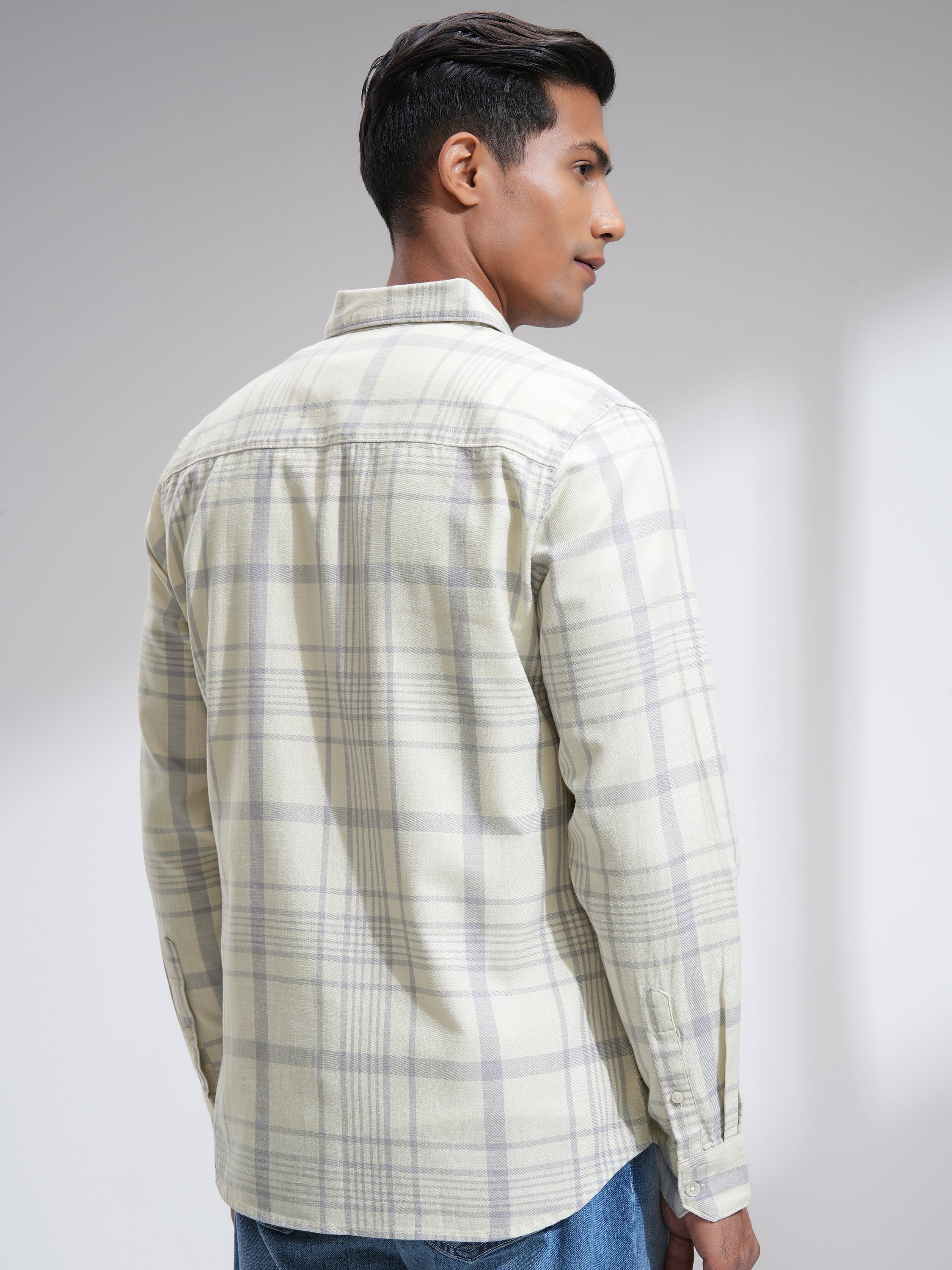 Highlander Men Cream Checked Slim Fit Casual Shirt - Cream - Image 3