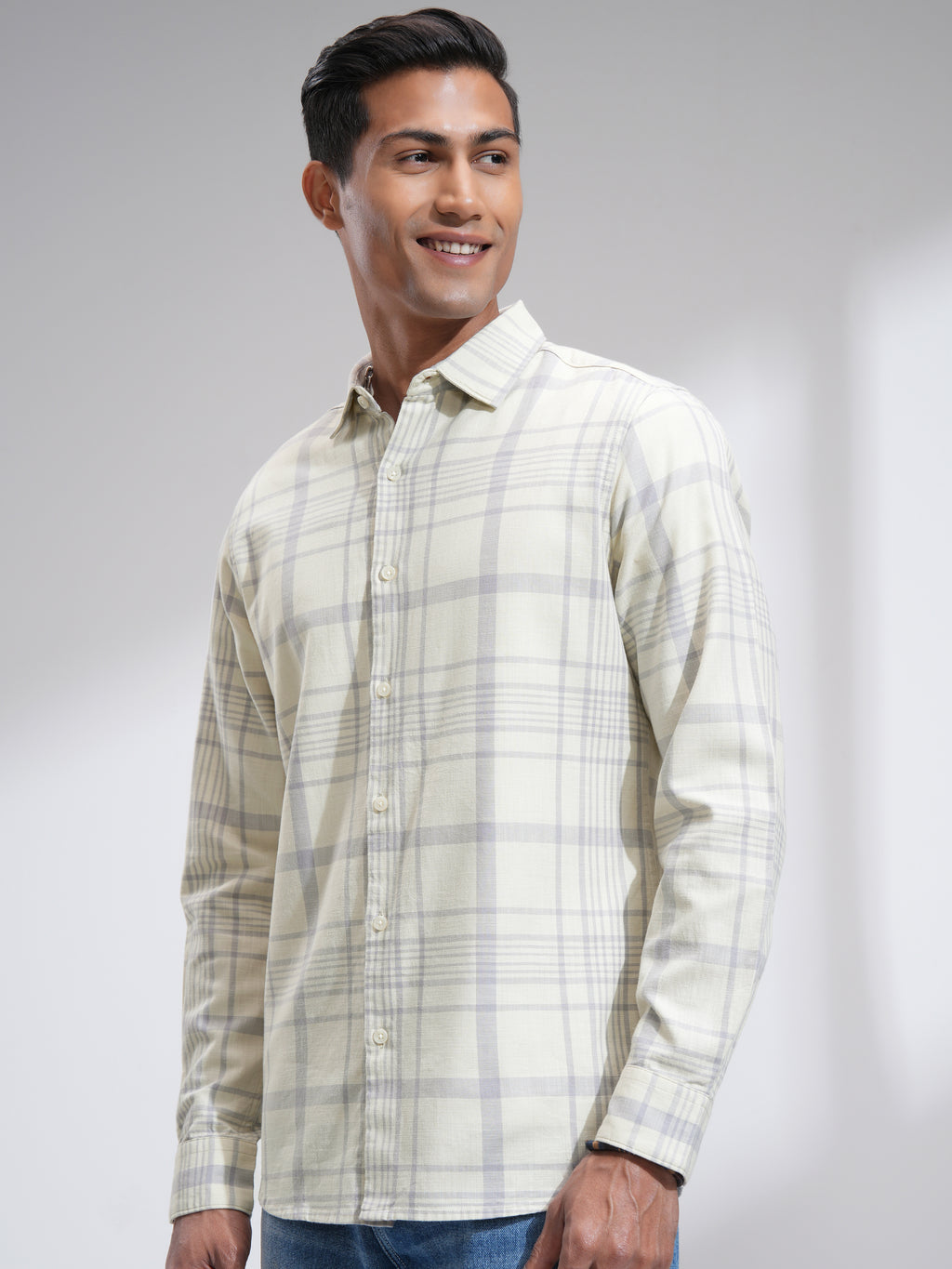 Highlander Men Cream Checked Slim Fit Casual Shirt - Cream - Image 4