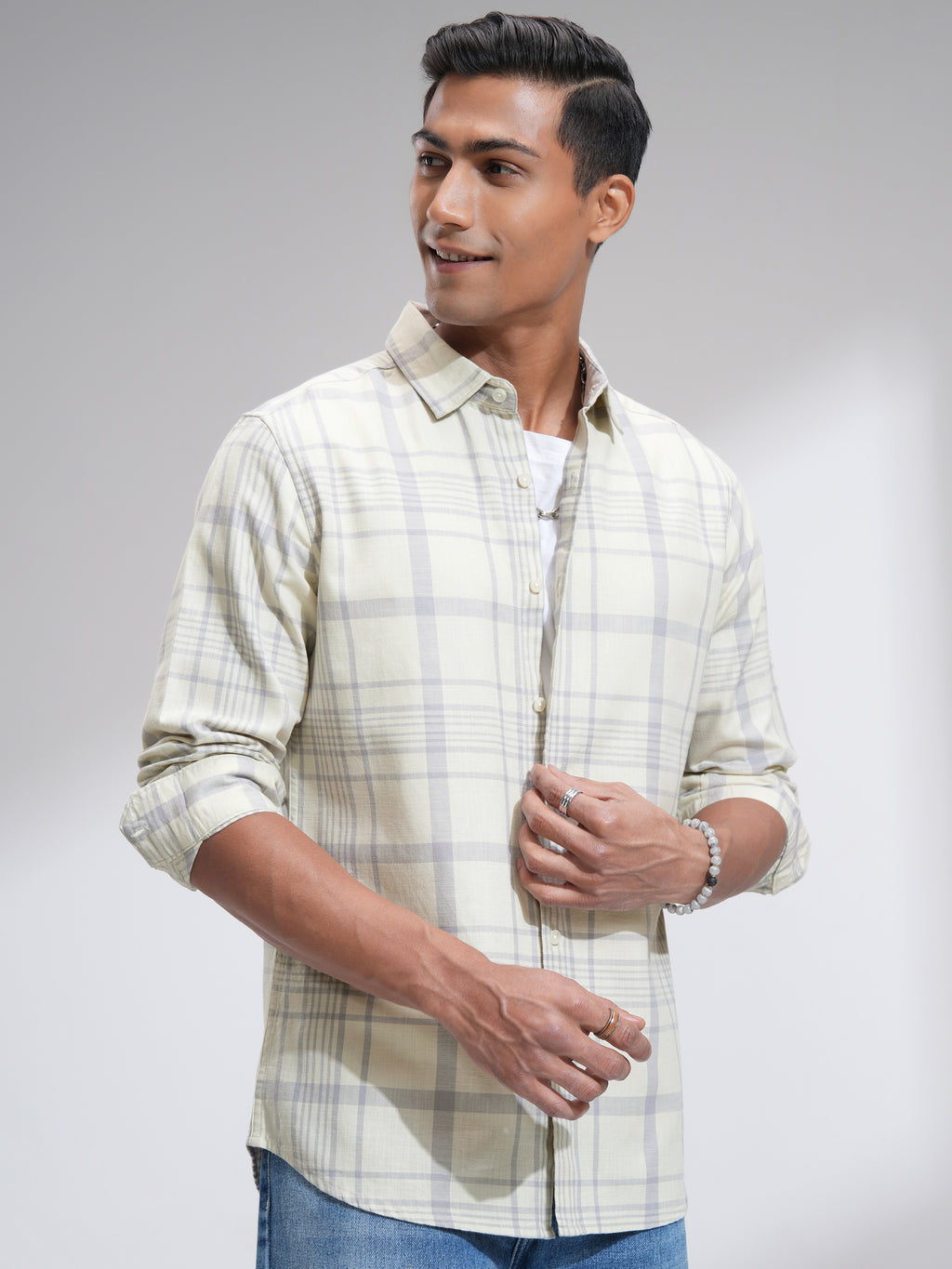 Highlander Men Cream Checked Slim Fit Casual Shirt - Cream - Image 6