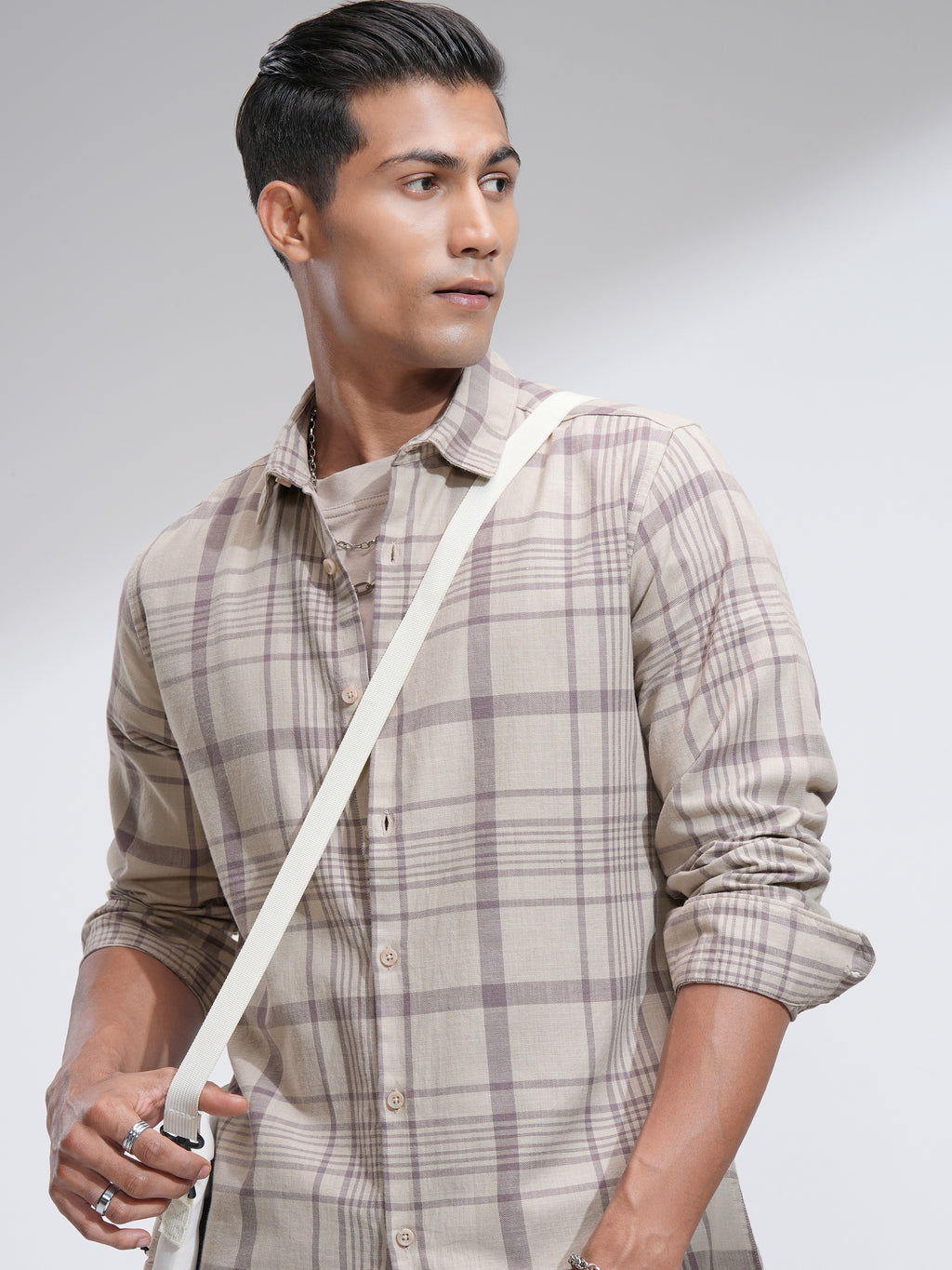 Highlander Men Beige Checked Slim Fit Casual Shirt - Beige - Image 1